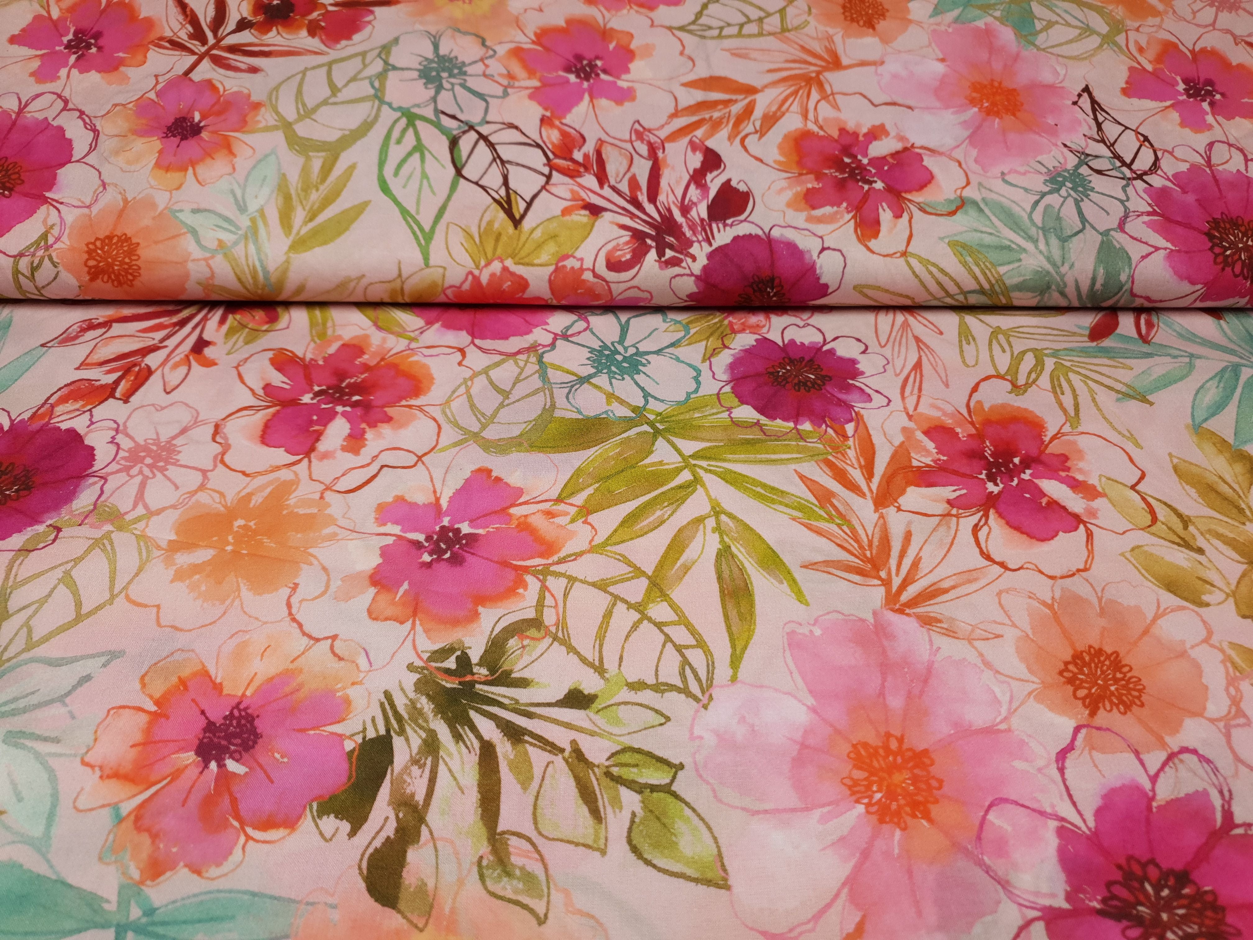 Baumwollwebware Flora rosa/pink/mint/lachs
