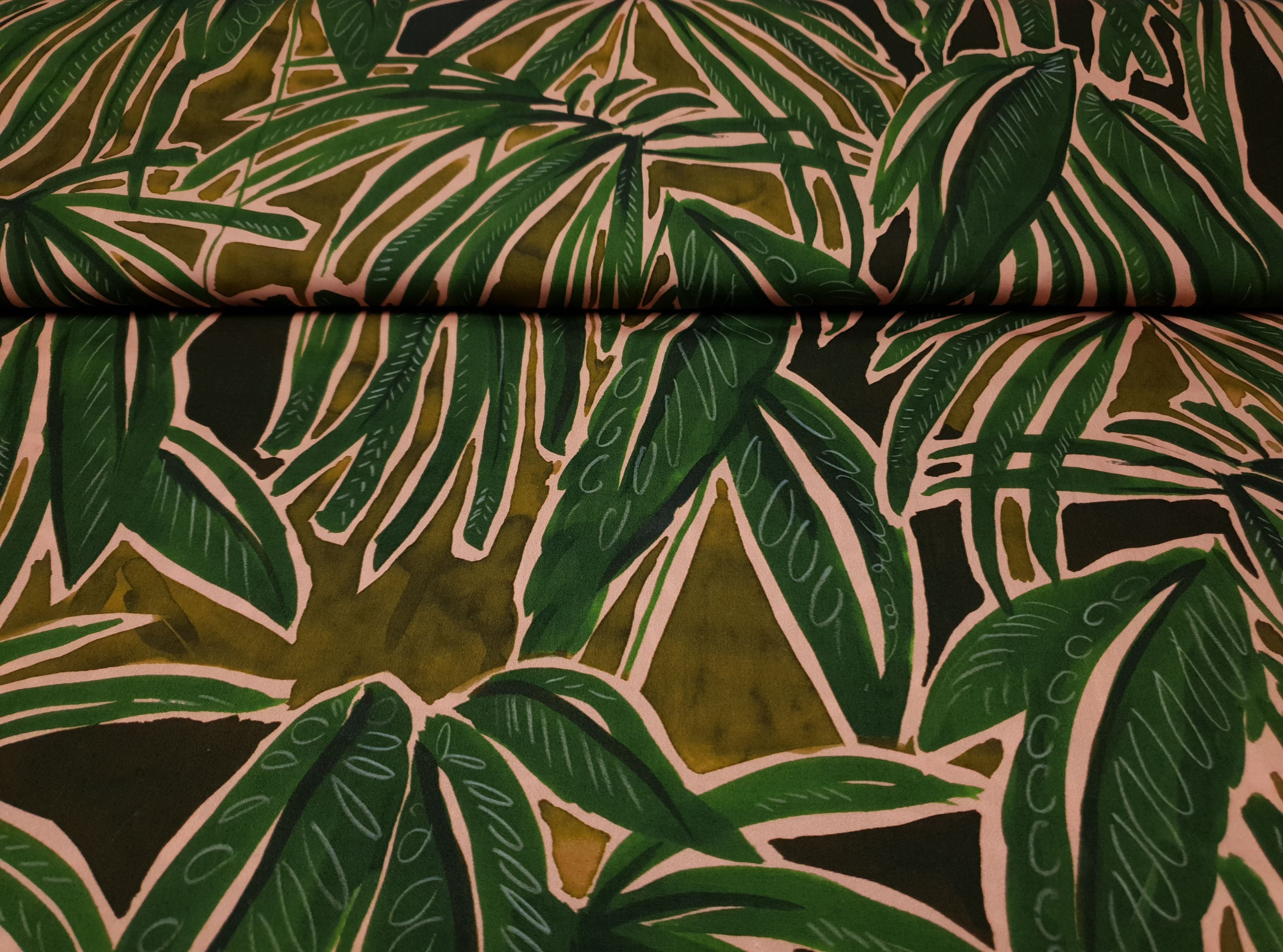 Baumwollwebware Jungle dunkelgrün/khaki/lachs/grün