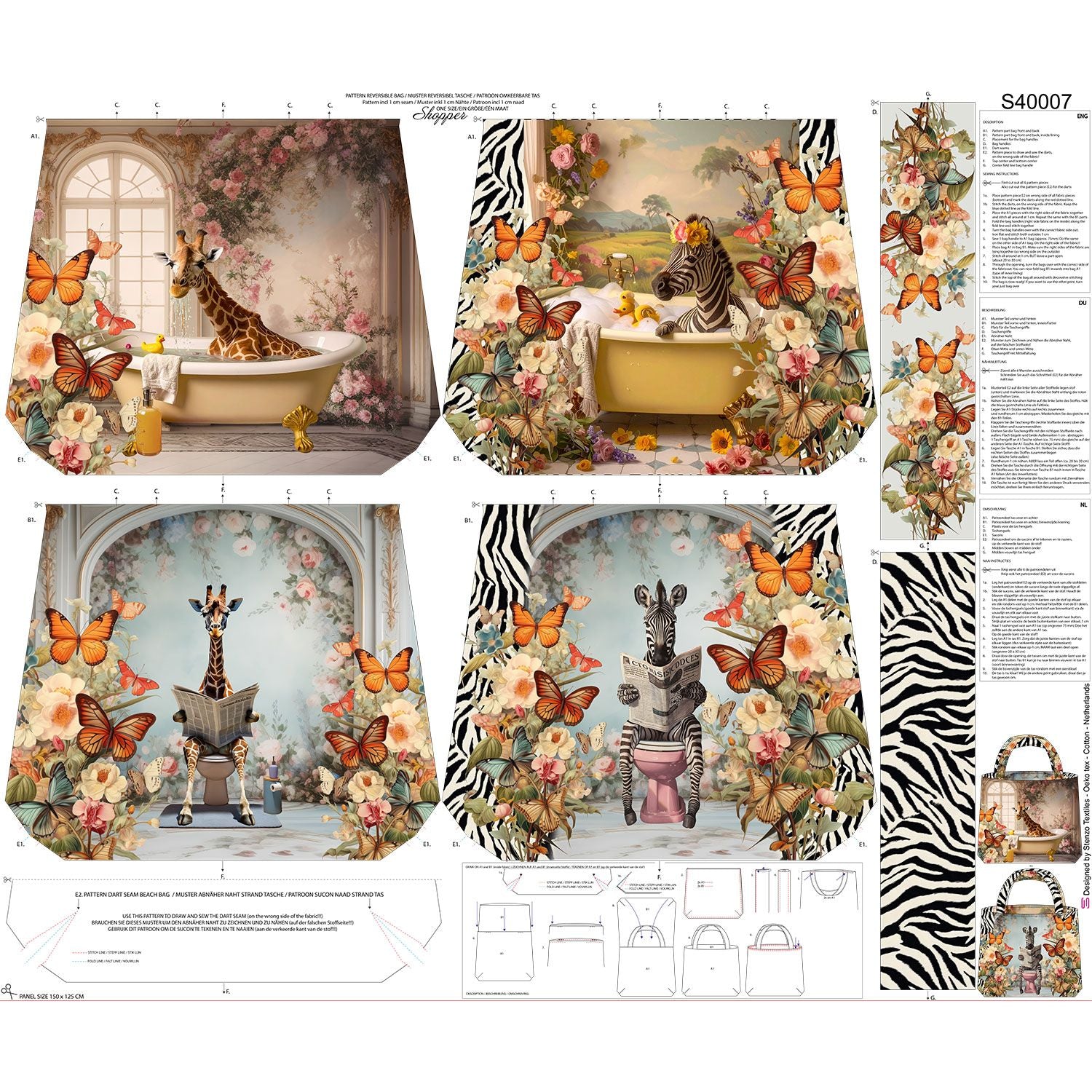 Canvas Bag Panel "Bathroom Animals" beige/mauve/bunt