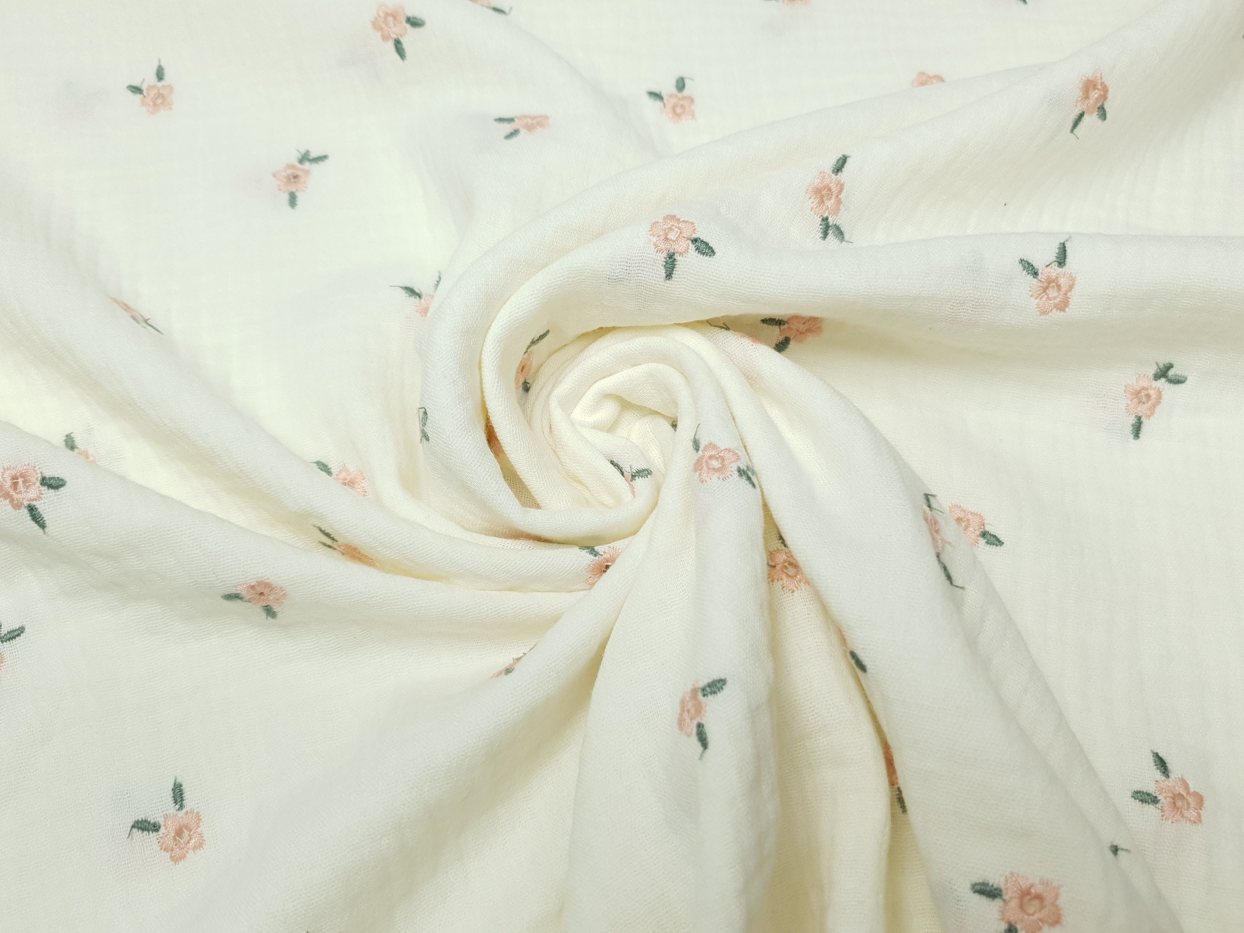 Muslin-Double Gaze Blümchen ecru/lachs/grün
