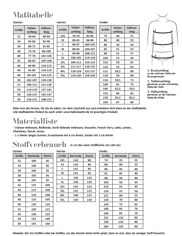 Papierschnittmuster Shorts für Damen, Herren und Kinder von Fadenkäfer