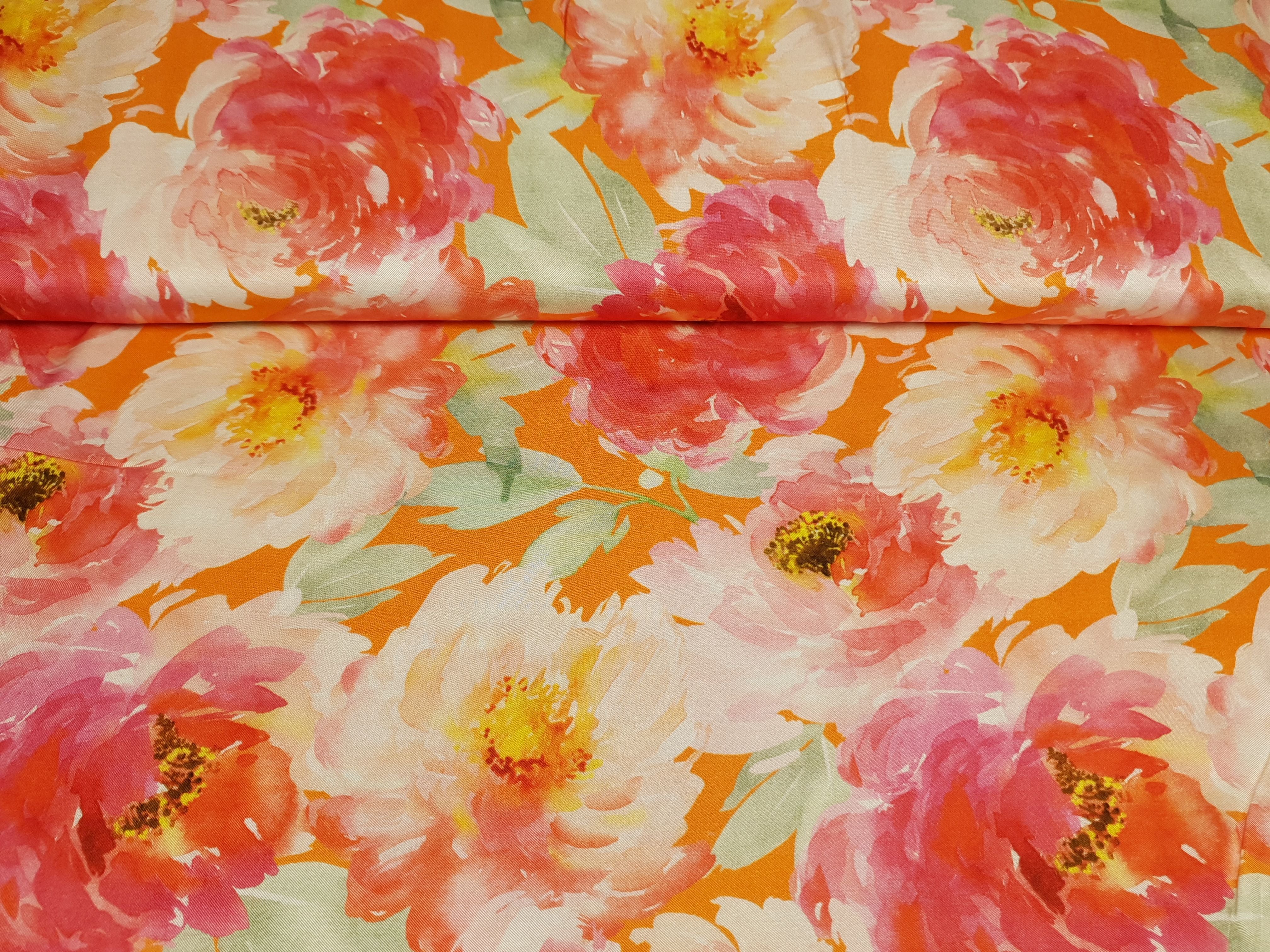 Viskosesatin Peonies orange/pink/rosa/grün