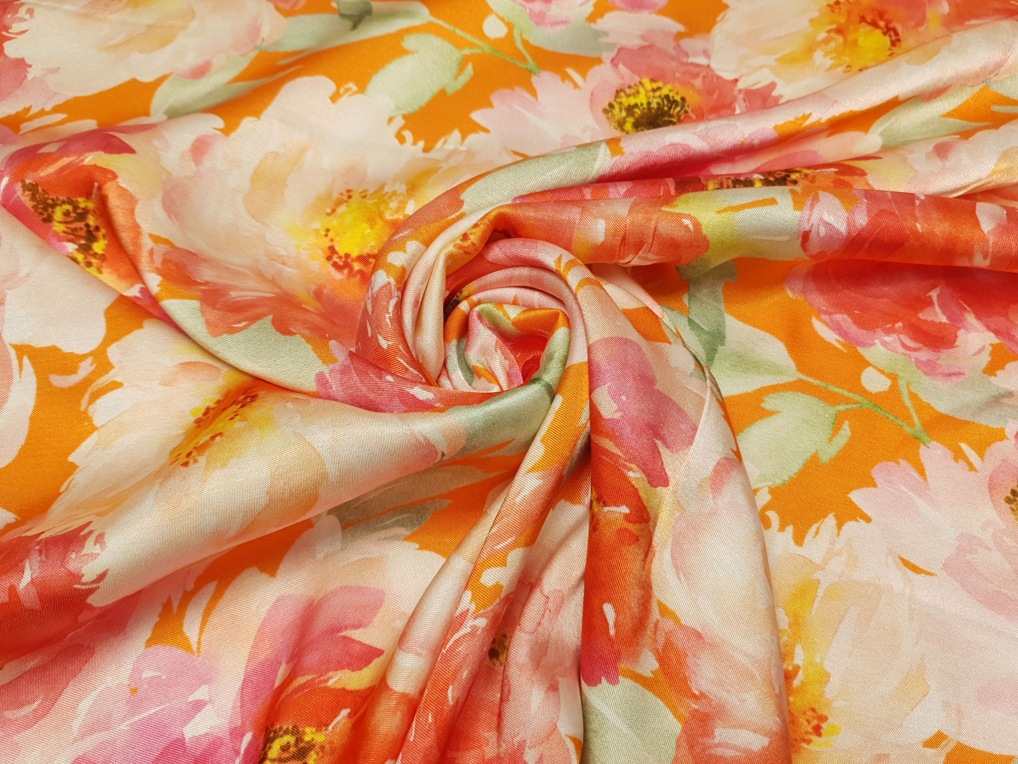 Viskosesatin Peonies orange/pink/rosa/grün