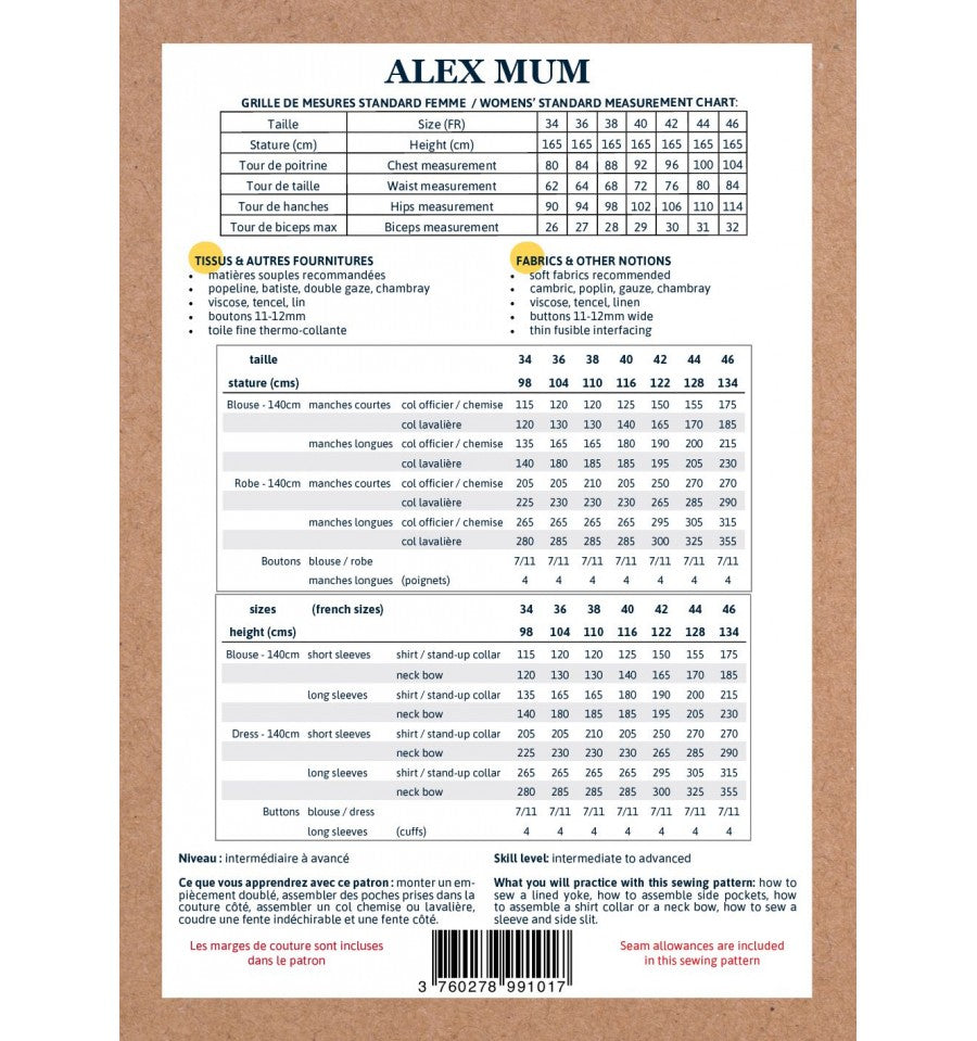 Alex Mum Bluse und Kleid für Damen, Ikatee Papierschnittmuster