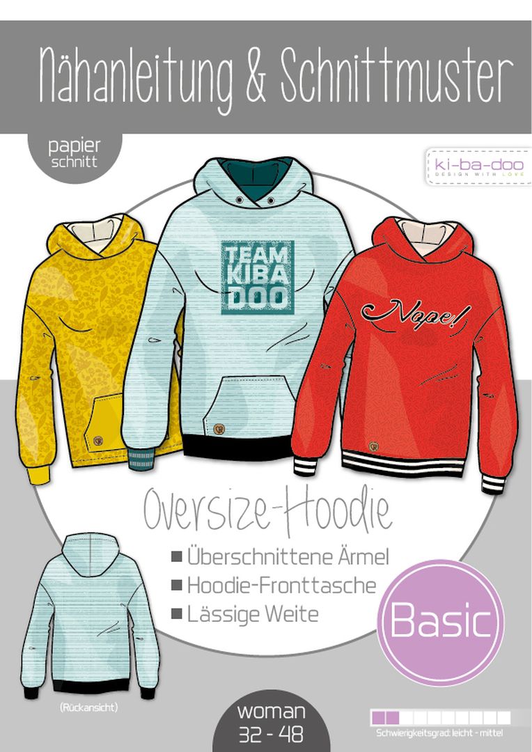 Basic Oversize Hoodie Damen, Ki-ba-doo Papierschnittmuster