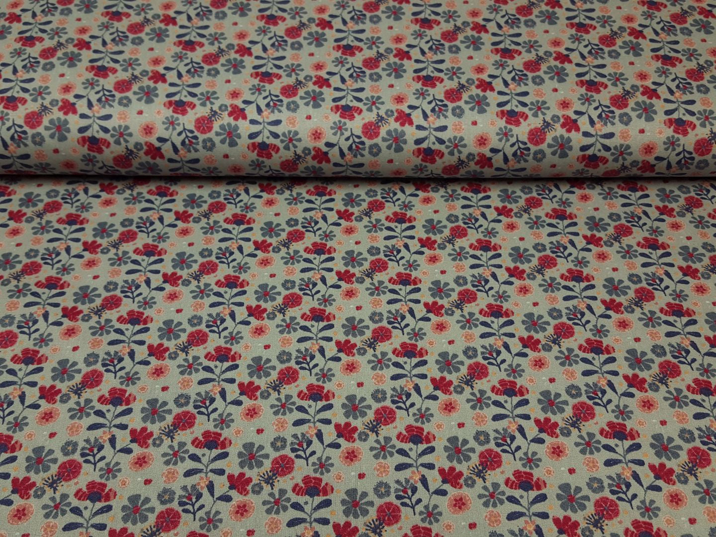 Bio-Baumwollwebware Flower grau/lachs/pink