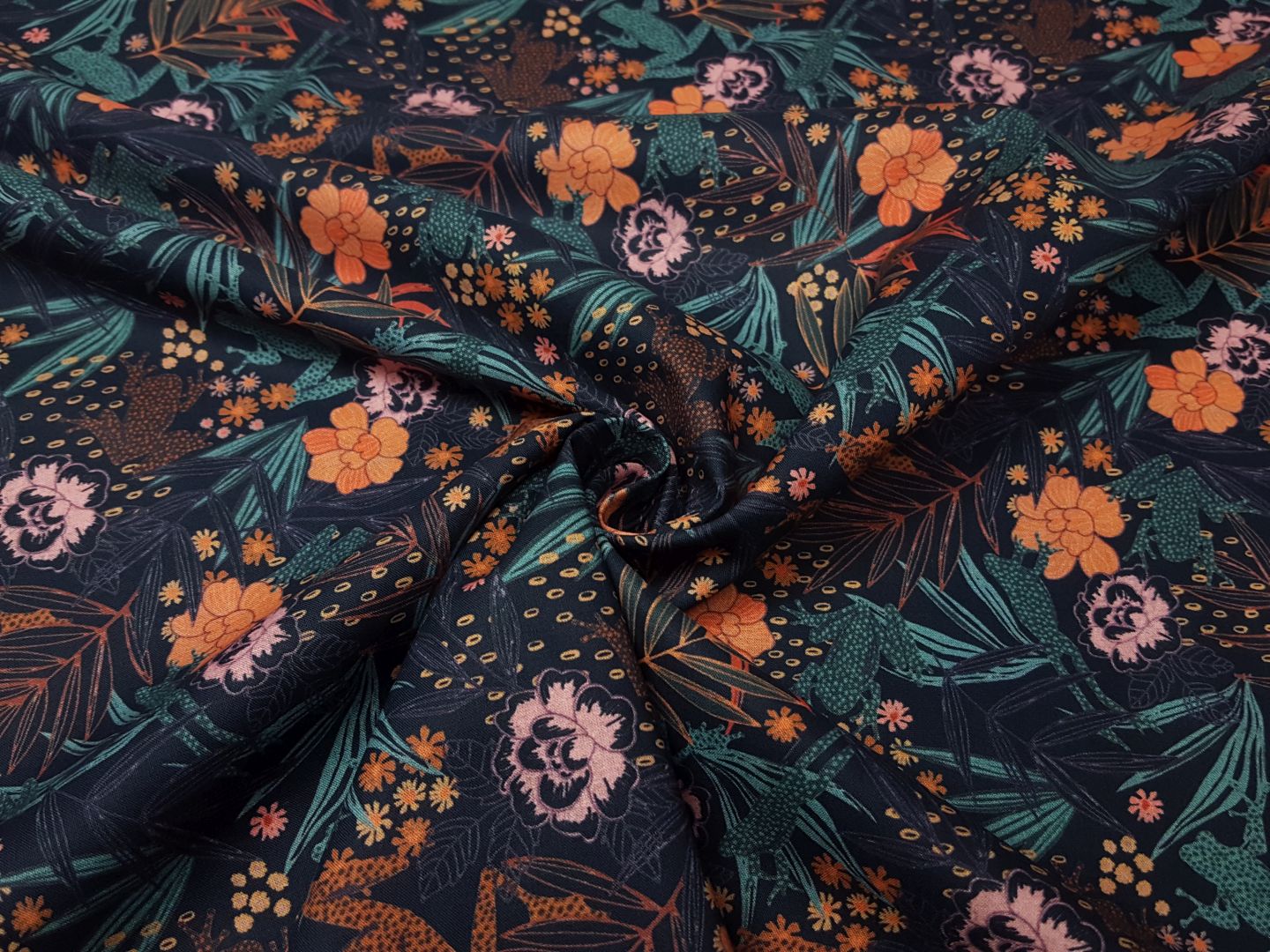 Flowers and Frogs navy/orange/mint