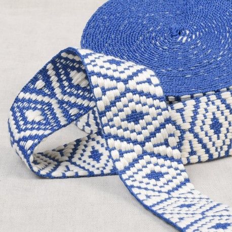 doppelseitiges Gurtenband Boho 38mm royalblau/ecru