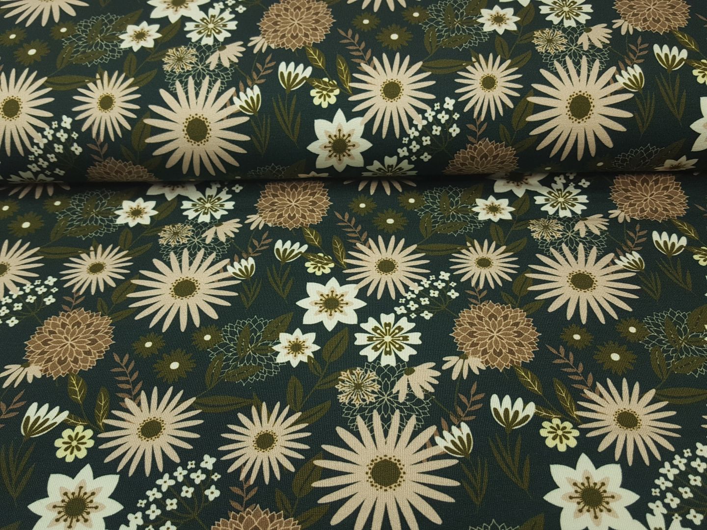 Herbstblumen flaschengrün/beige/ecru/kakhi