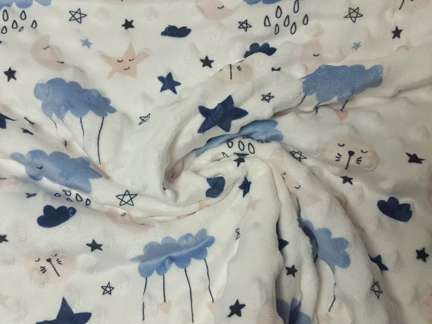 Einzelstück Minky Fleece Cloudy weiss/stahlblau/rosa