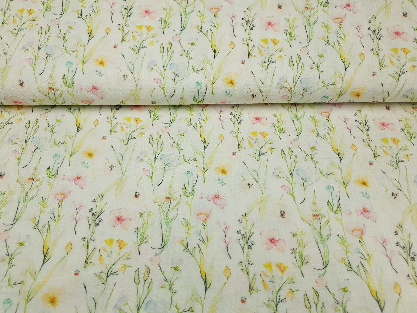 Muslin-Double Gaze Fiori offwhite/hellgrün/rosa/gelb