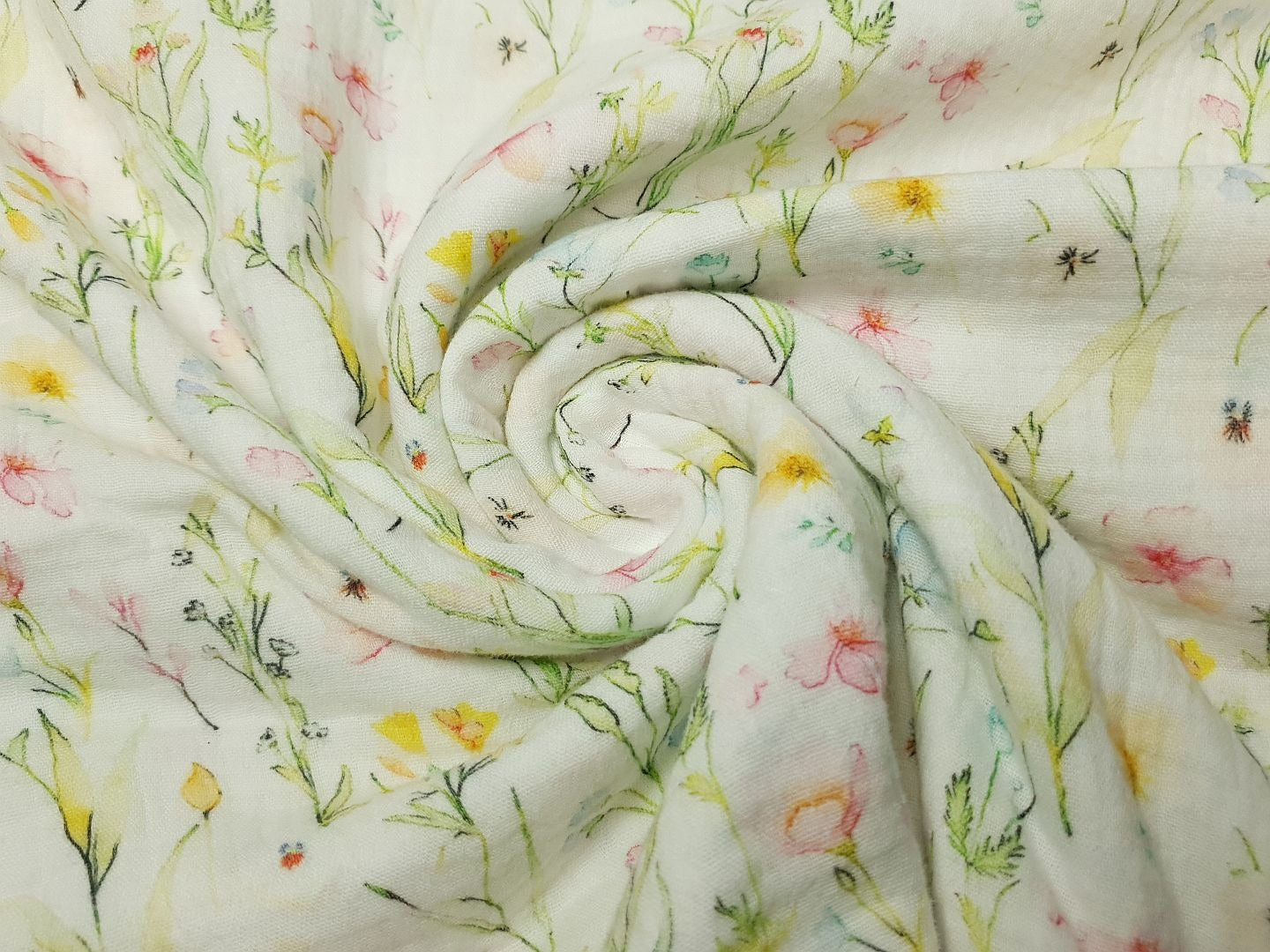 Muslin-Double Gaze Fiori offwhite/hellgrün/rosa/gelb