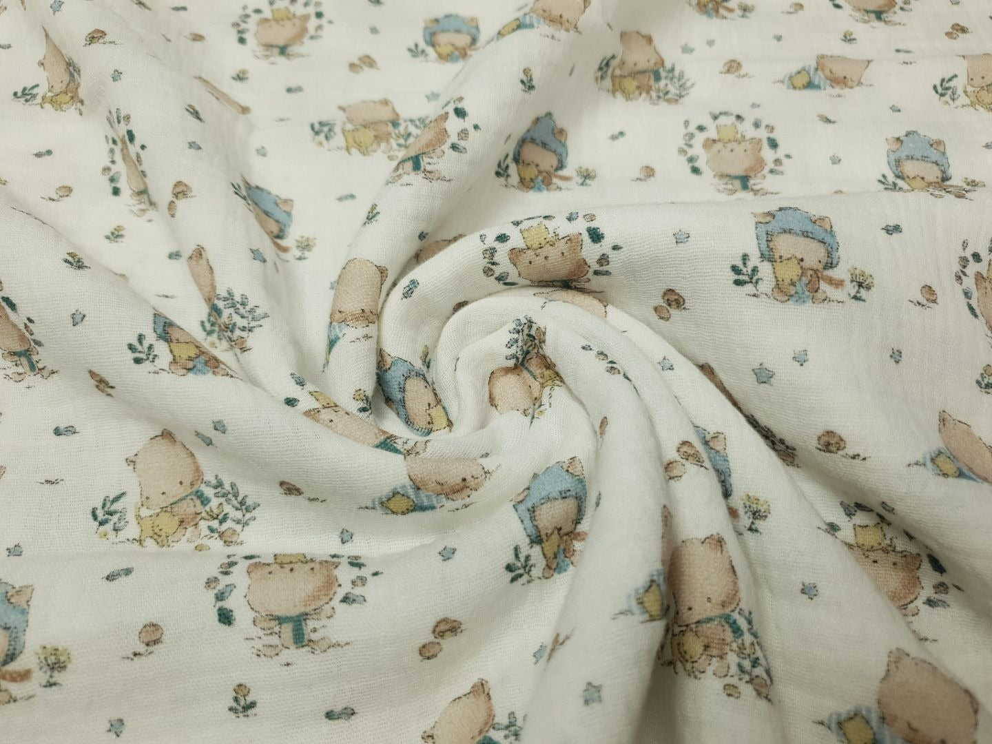 Muslin-Double Gaze Kleiner Bär offwhite/beige/hellblau