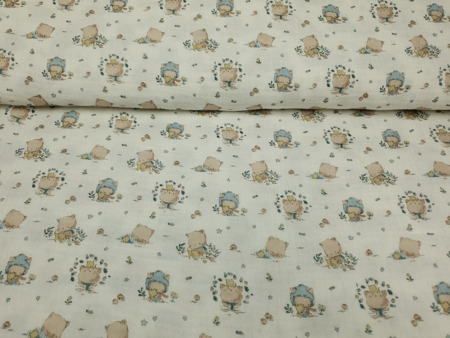 Muslin-Double Gaze Kleiner Bär offwhite/beige/hellblau