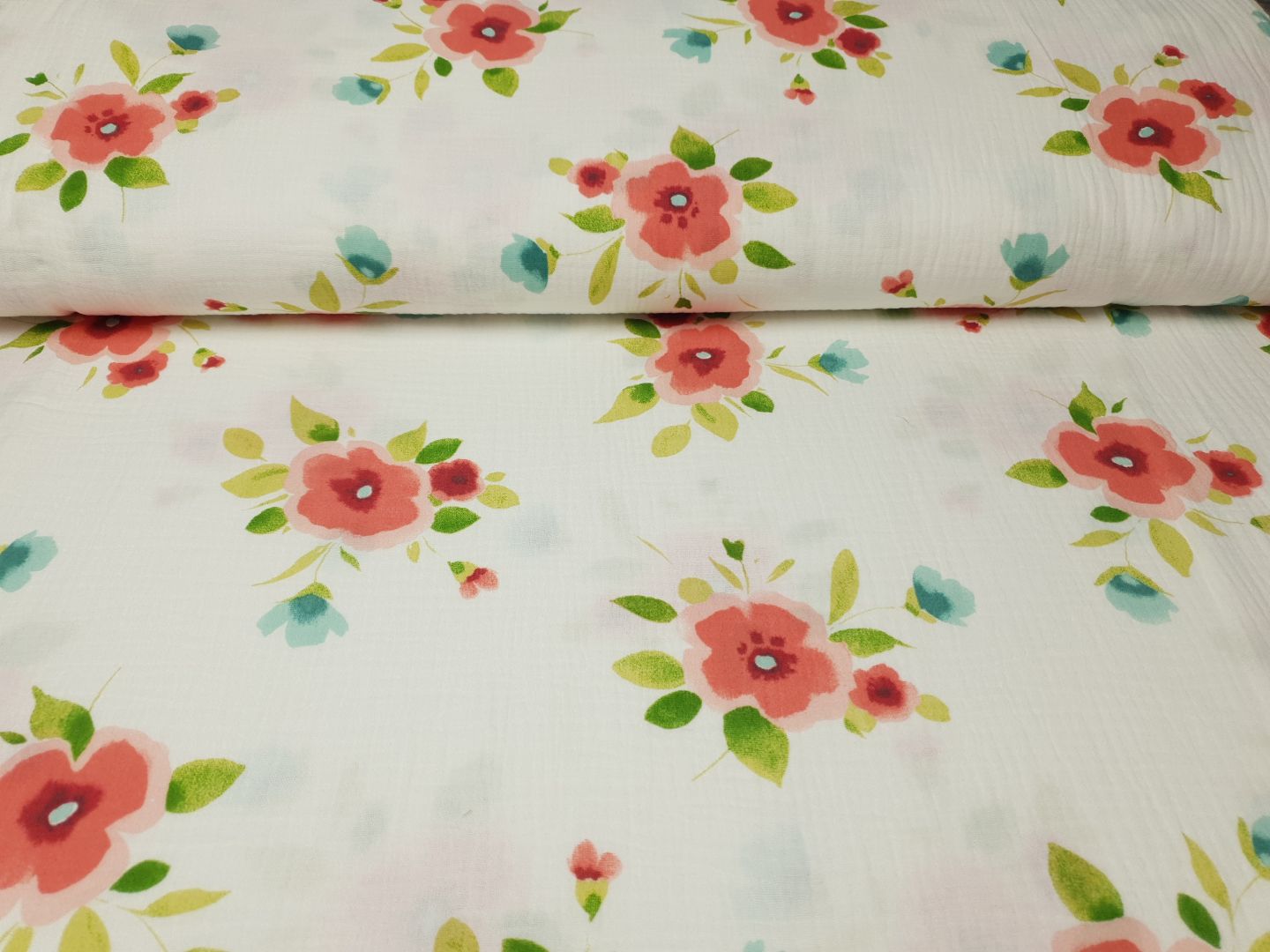 Muslin-Double Gaze Peonia offwhite/grün/rot