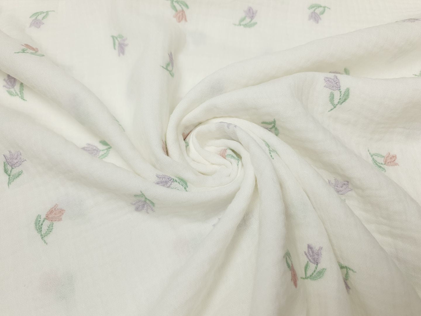 Muslin-Double Gaze Roses offwhite/lila/rosa/grün