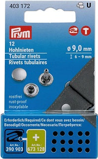 PRYM Hohlnieten ⌀ 9mm, 6-9mm Klemmbereich silber 12Stk.