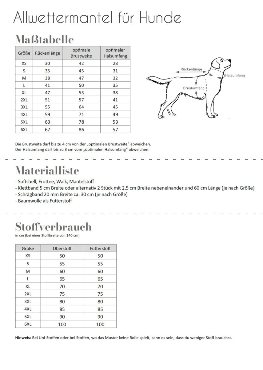 Papierschnittmuster Allwettermantel für Hunde von Fadenkäfer