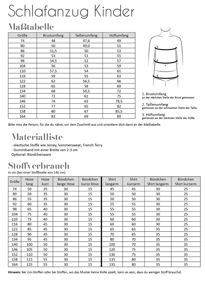 Papierschnittmuster Schlafanzug Kinder von Fadenkäfer