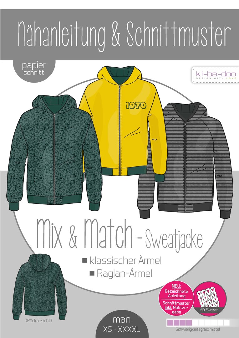 Sweatjacke Mix&Match, Herren, Ki-ba-doo Papierschnittmuster