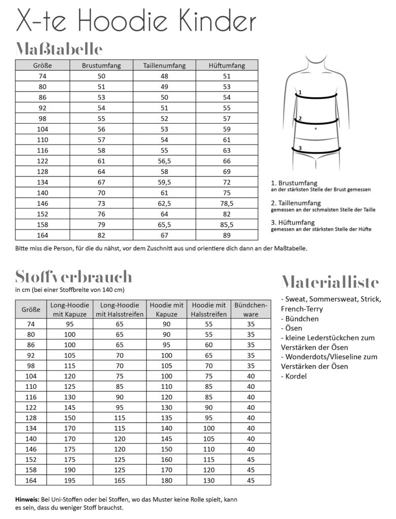 Papierschnittmuster X-te Hoodie Kinder von Fadenkäfer