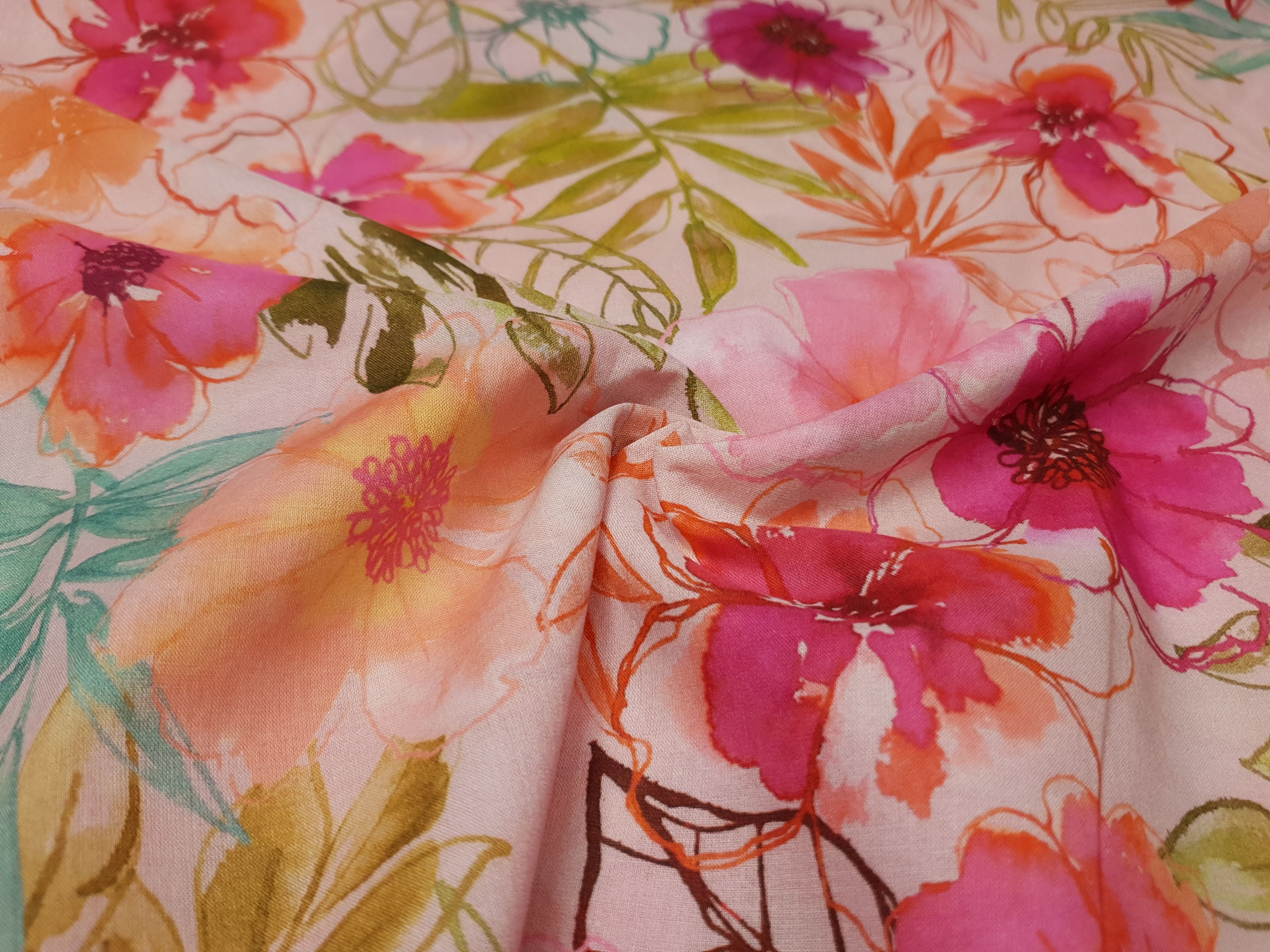 Baumwollwebware Flora rosa/pink/mint/lachs