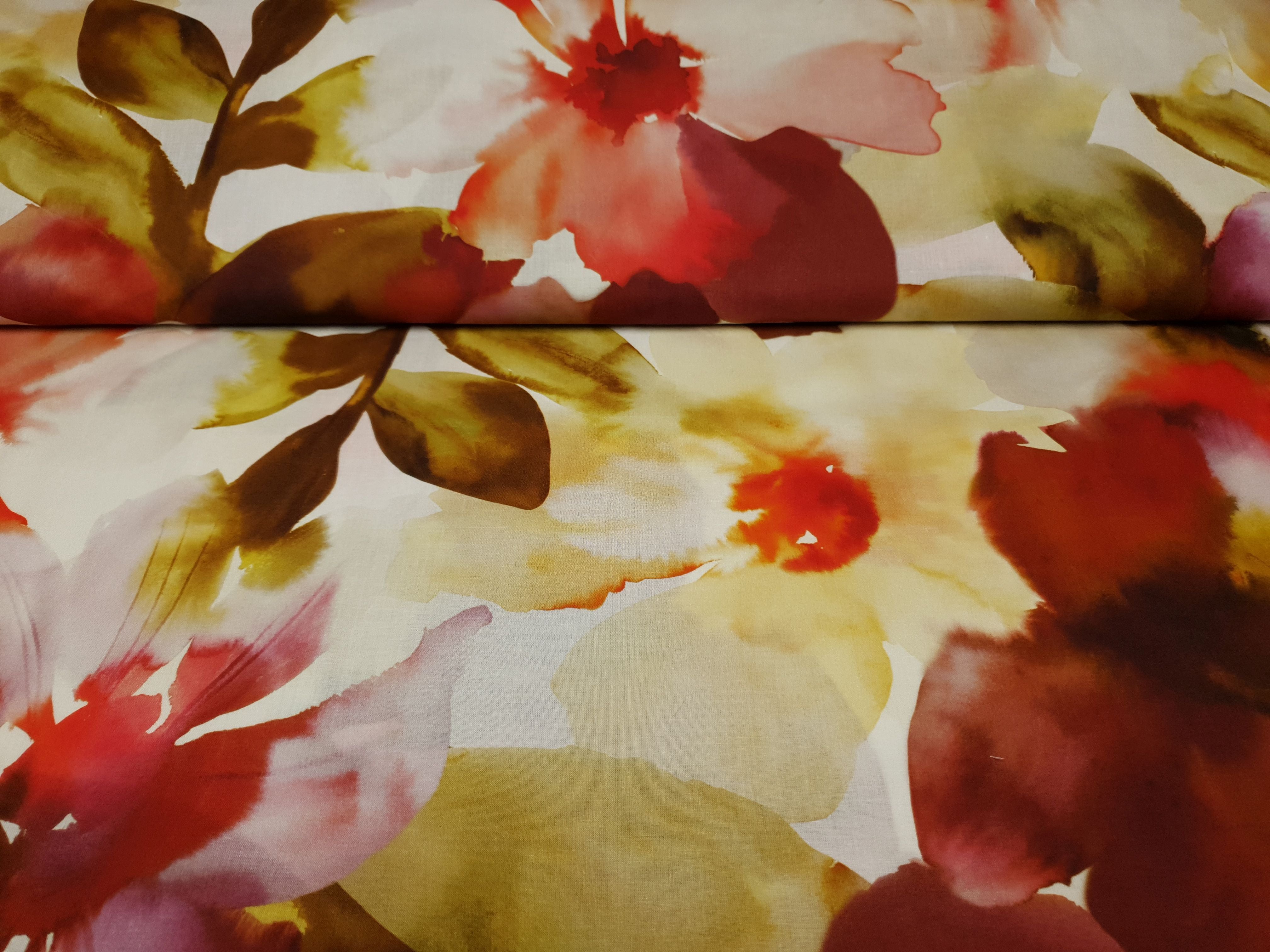 Baumwollwebware Flowers offwhite/weinrot/beere/gelb