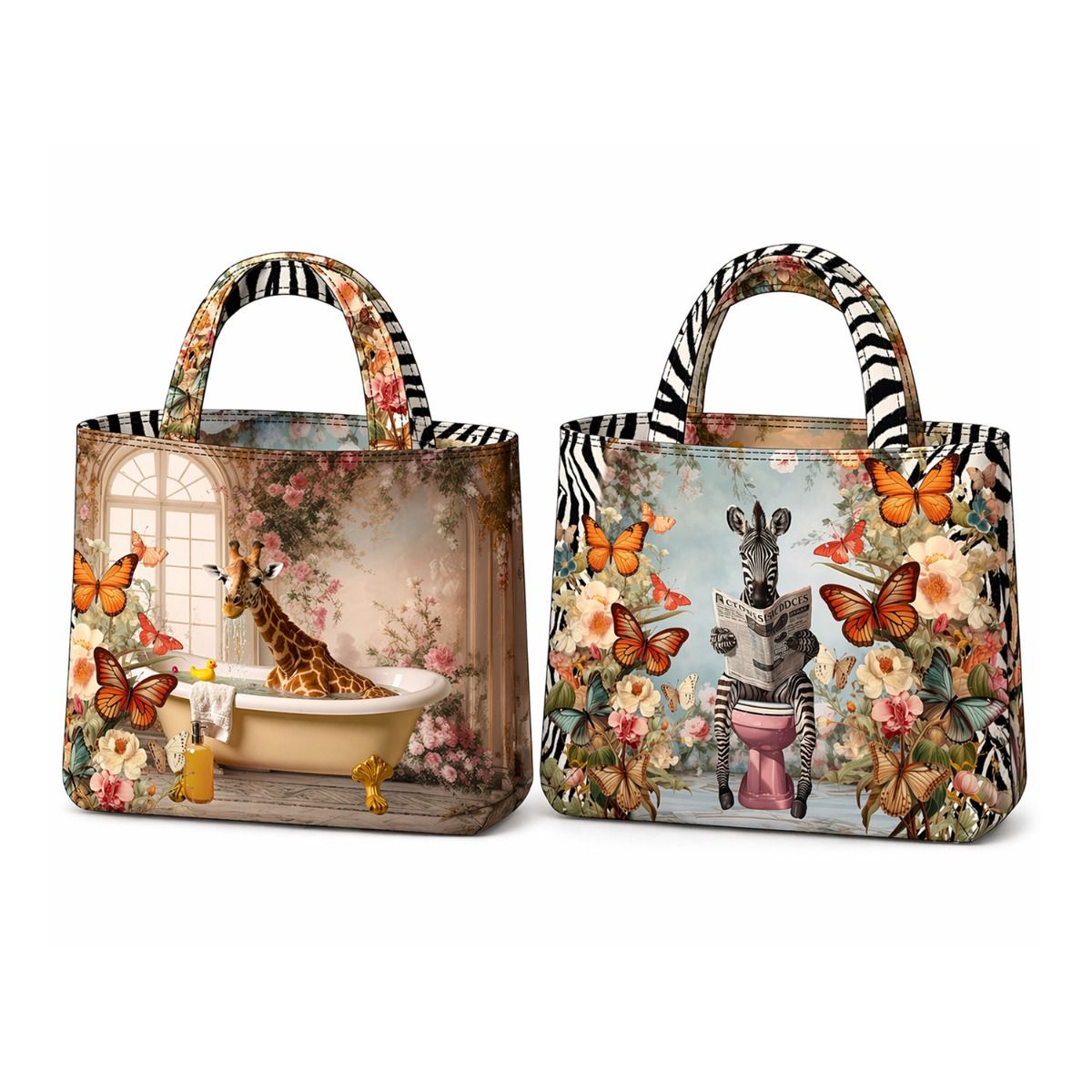 Canvas Bag Panel "Bathroom Animals" beige/mauve/bunt
