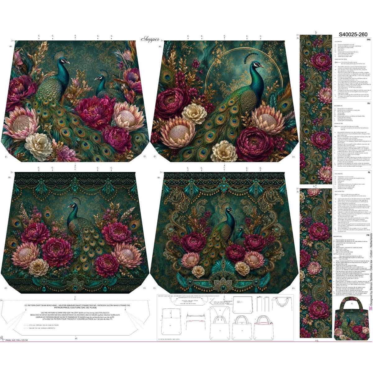Canvas Bag Panel "Peacock" lila/petrol/grün