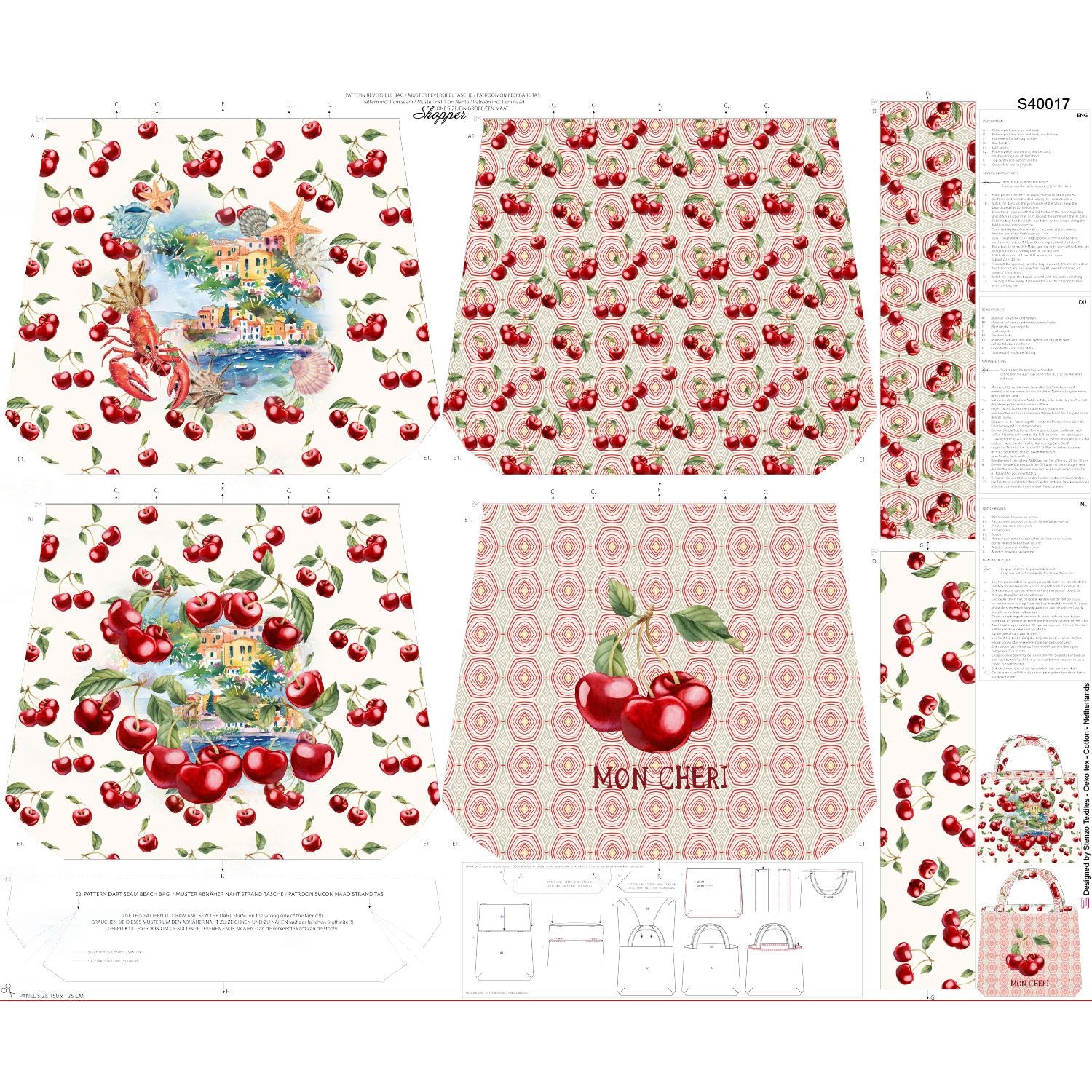 Canvas Bag Panel "Cherries" offwhite/rot/grün