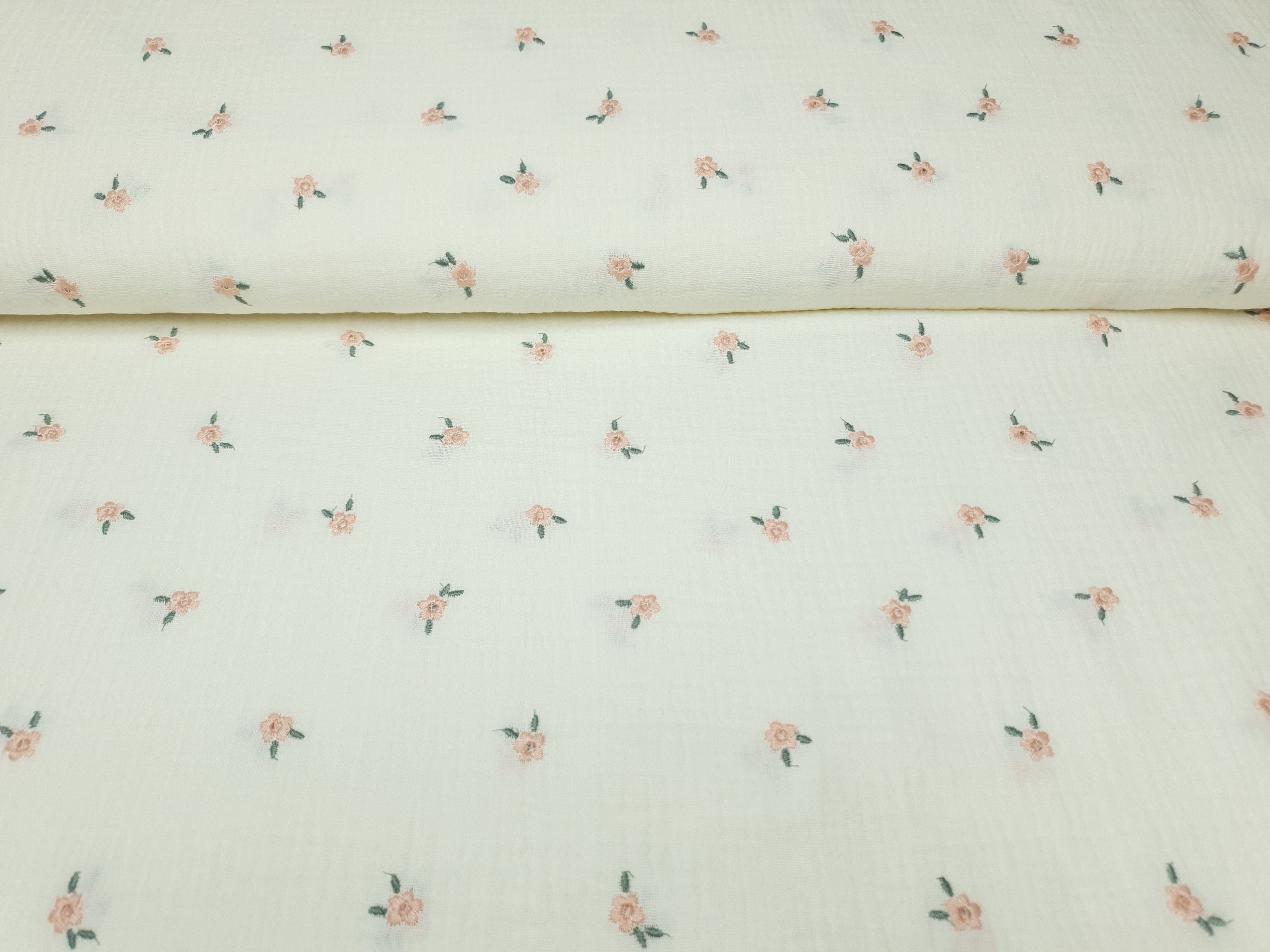 Muslin-Double Gaze Blümchen ecru/lachs/grün