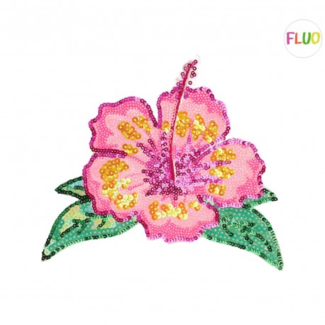 Pailetten-Patch Hibiscus pink/rosa/grün