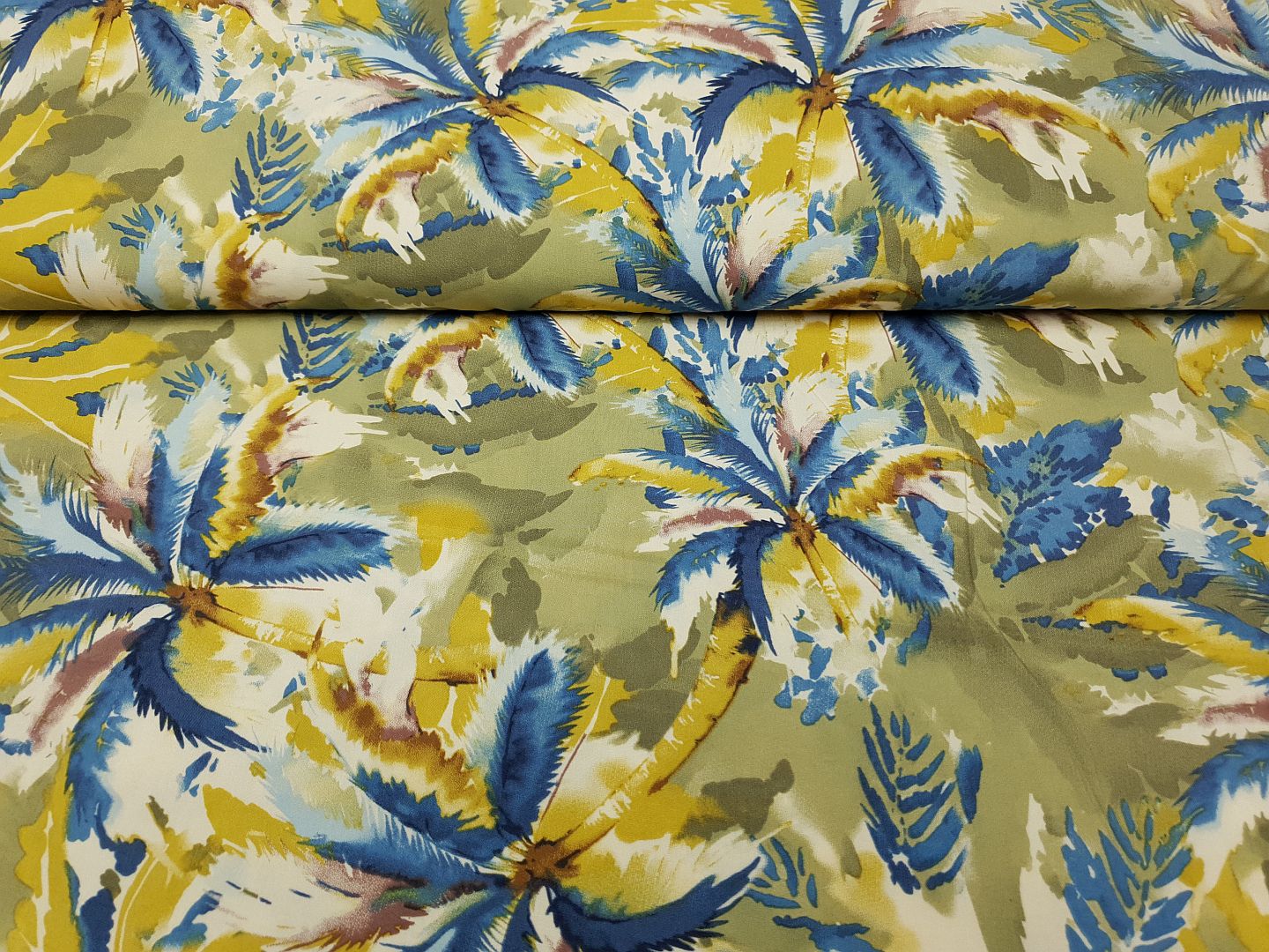Palm Leaves ecru/khaki/jeansblau