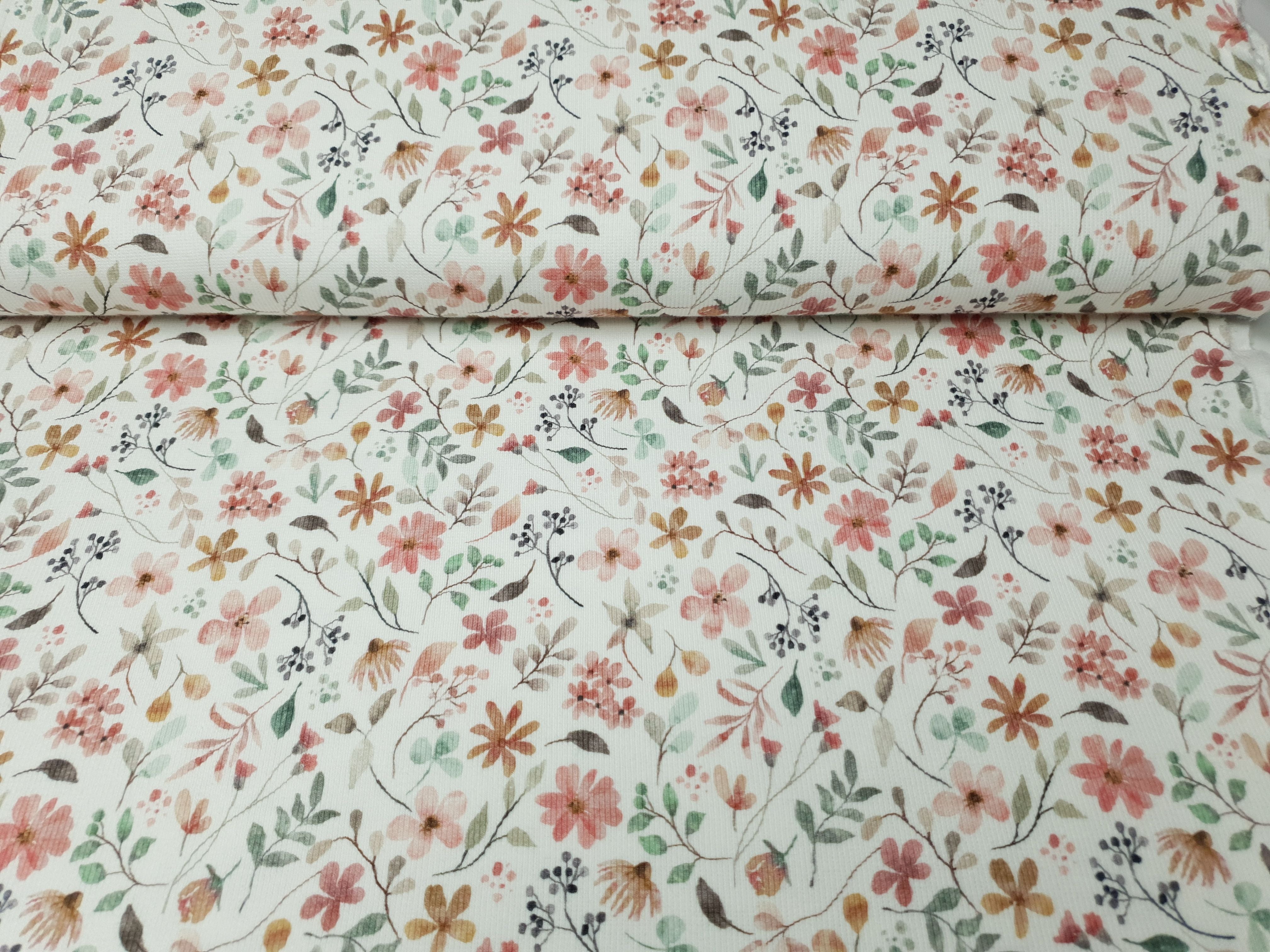 Rippjersey Flowers offwhite/altrosa/ocker/grün