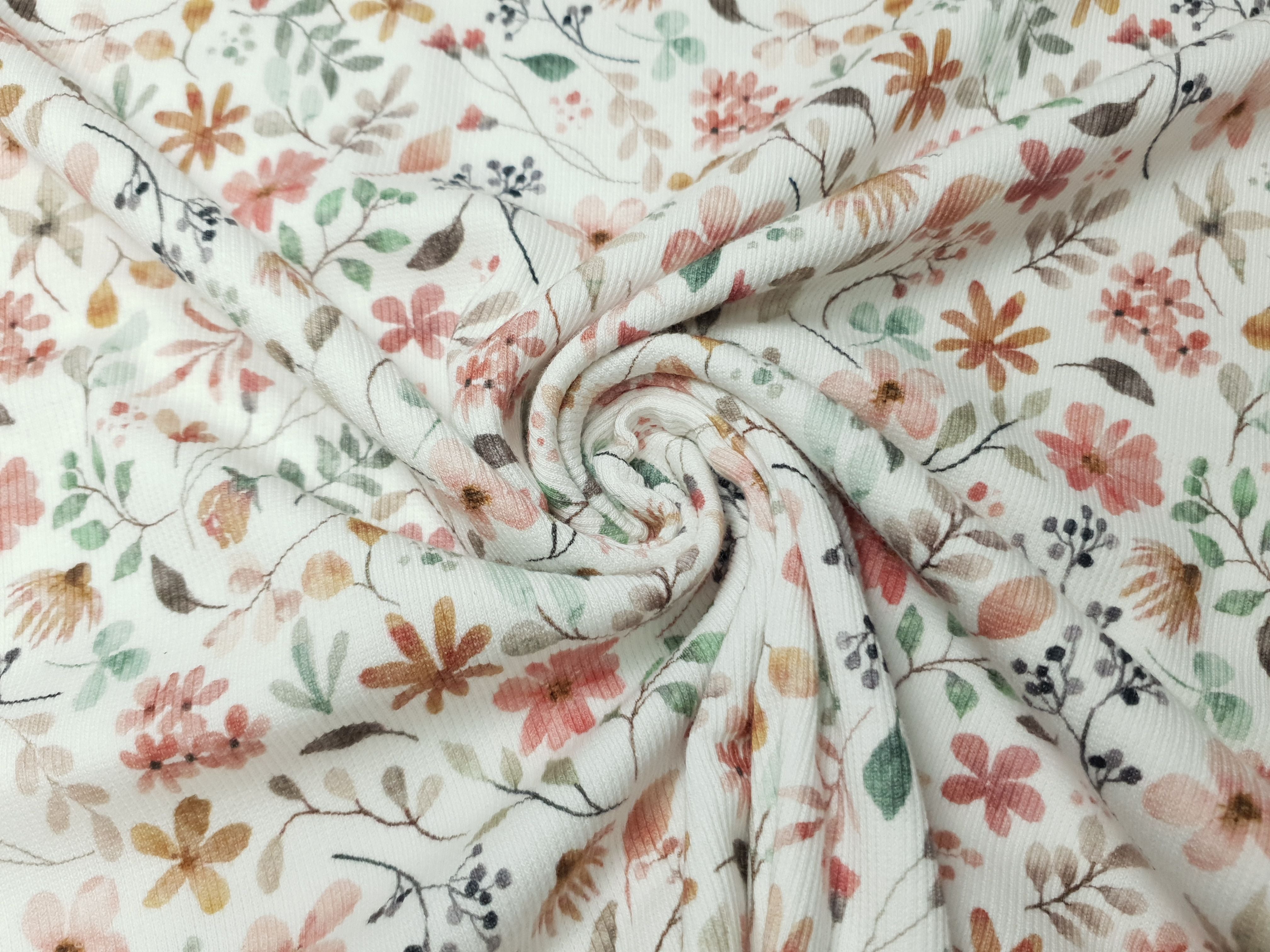 Rippjersey Flowers offwhite/altrosa/ocker/grün