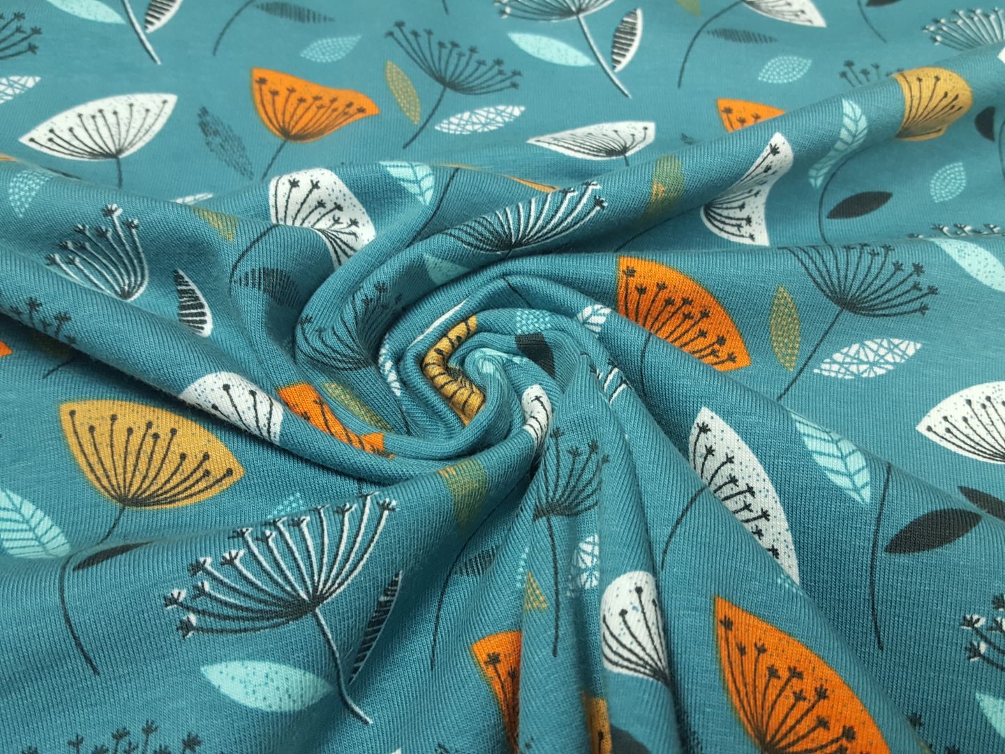 Bio-Baumwolljersey Retro Flowers türkisblau/offwhite/orange
