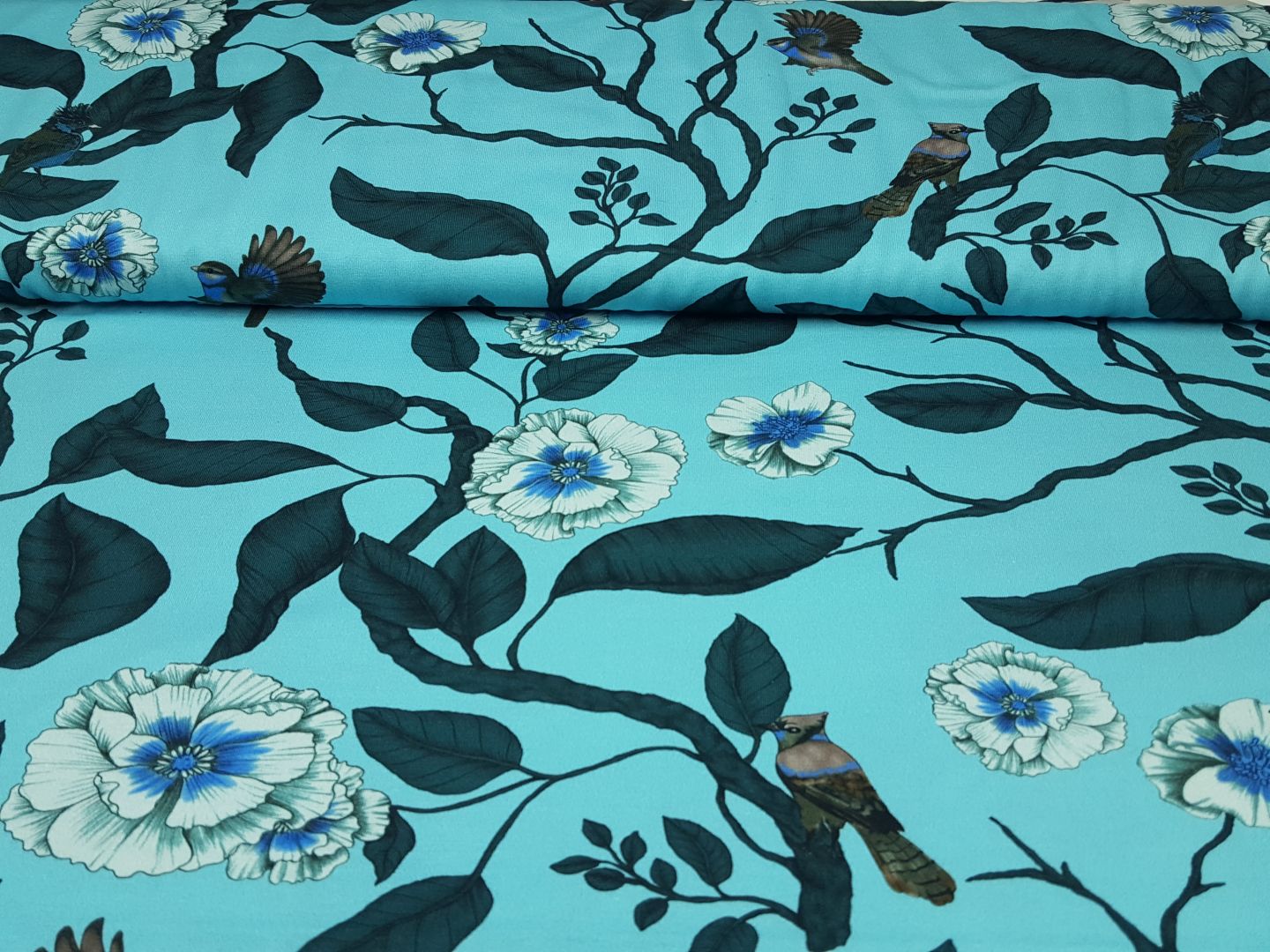 Birds&Flowers hellblau/petrol/braun