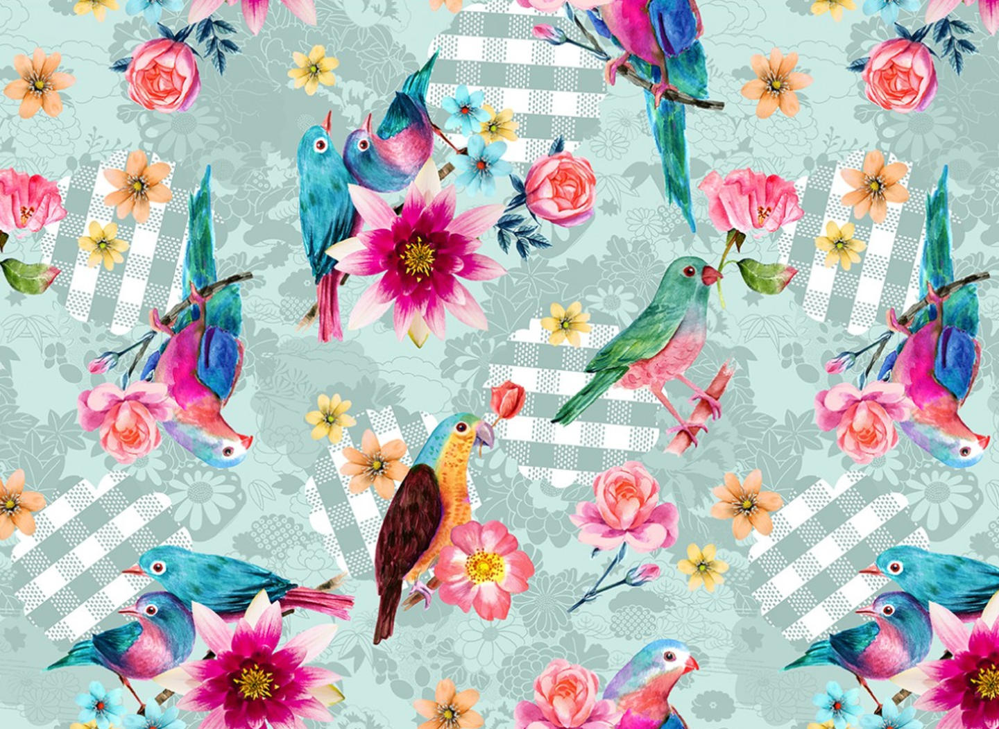 Birds & Flowers weiss/graugrün/bunt