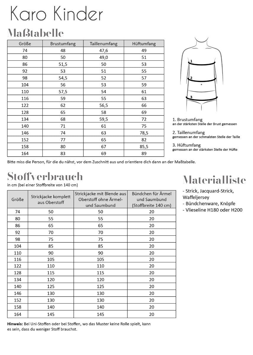 Papierschnittmuster Strickjacke Karo Kinder von Fadenkäfer