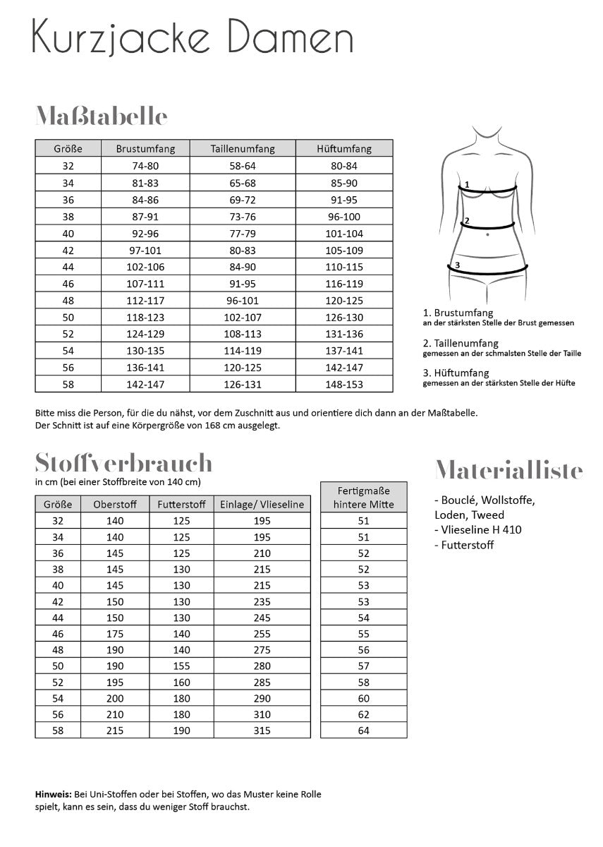 Papierschnittmuster Kurzjacke Damen von Fadenkäfer