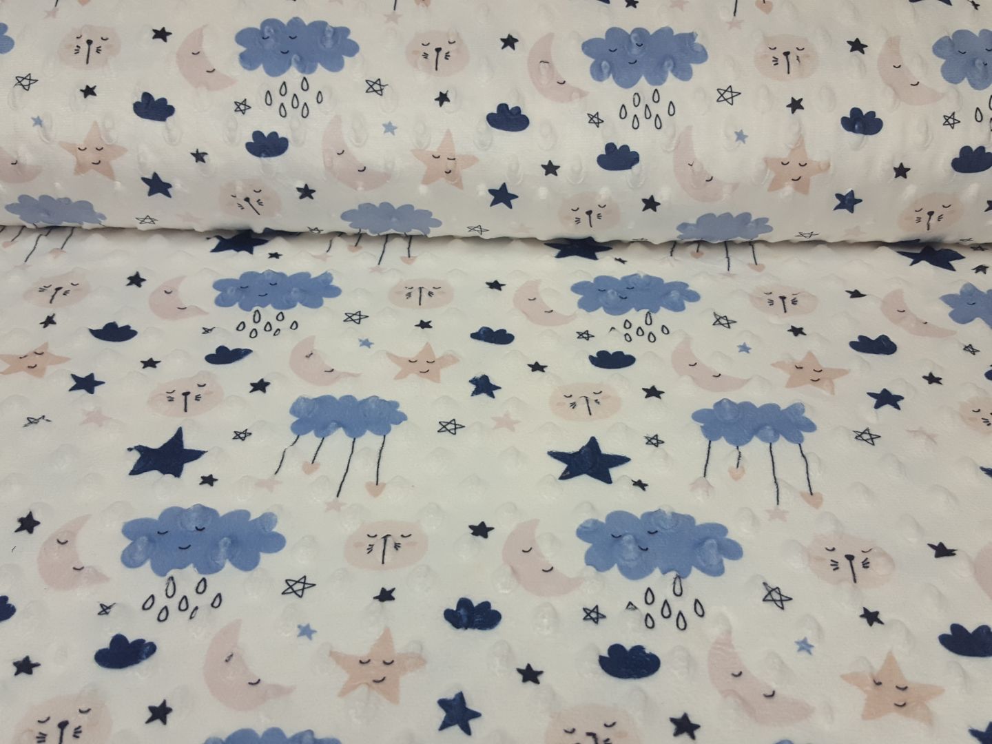 Einzelstück Minky Fleece Cloudy weiss/stahlblau/rosa