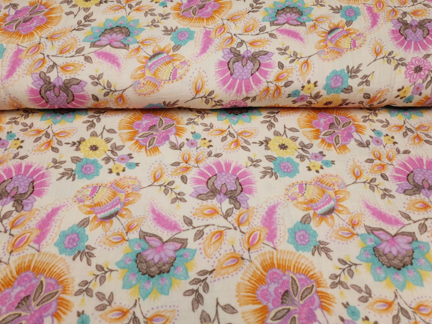 Muslin-Double Gaze Flora beige/braun/bunt