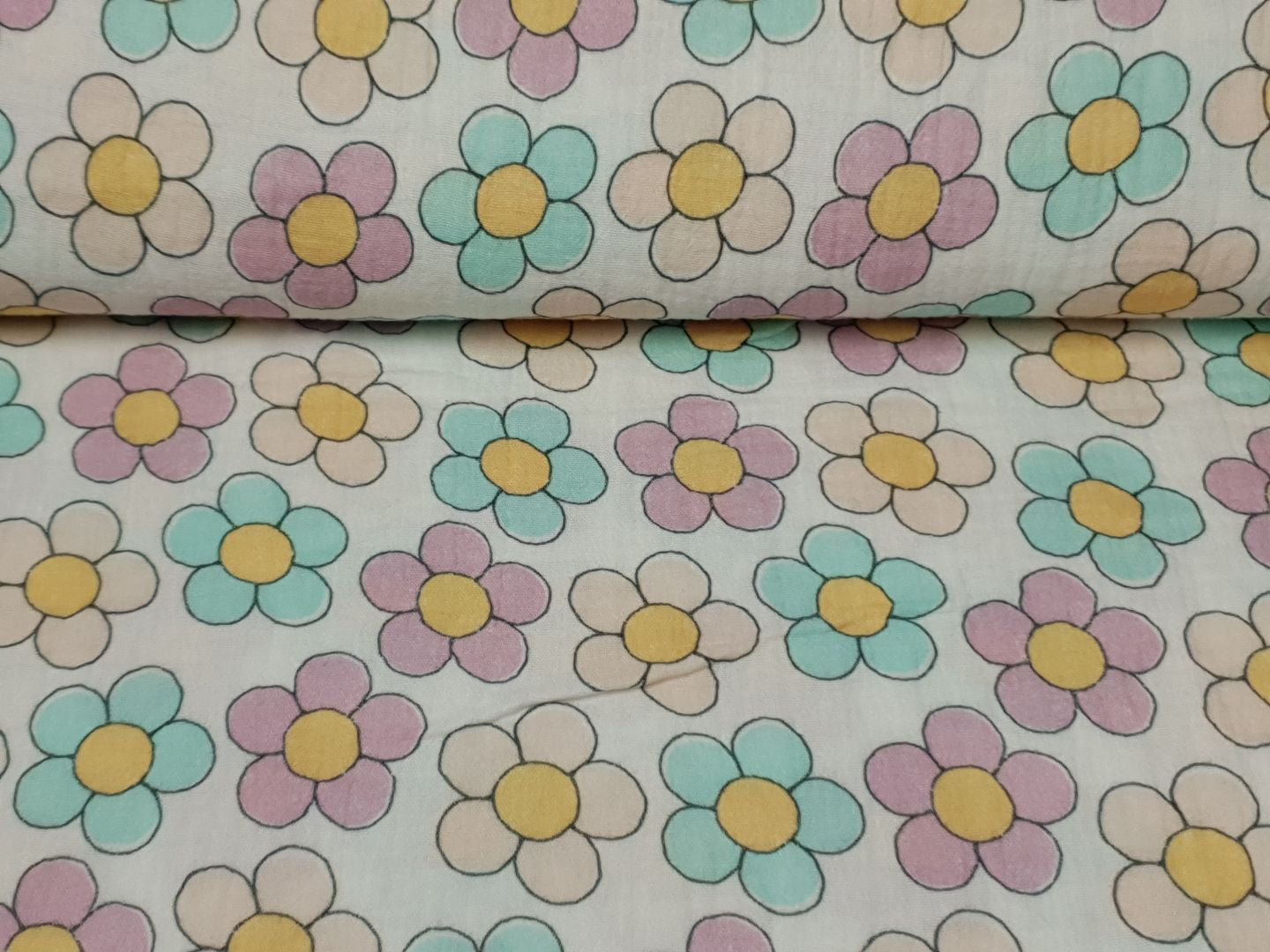 Muslin-Double Gaze Pastell Blümchen offwhite/aqua/rosa