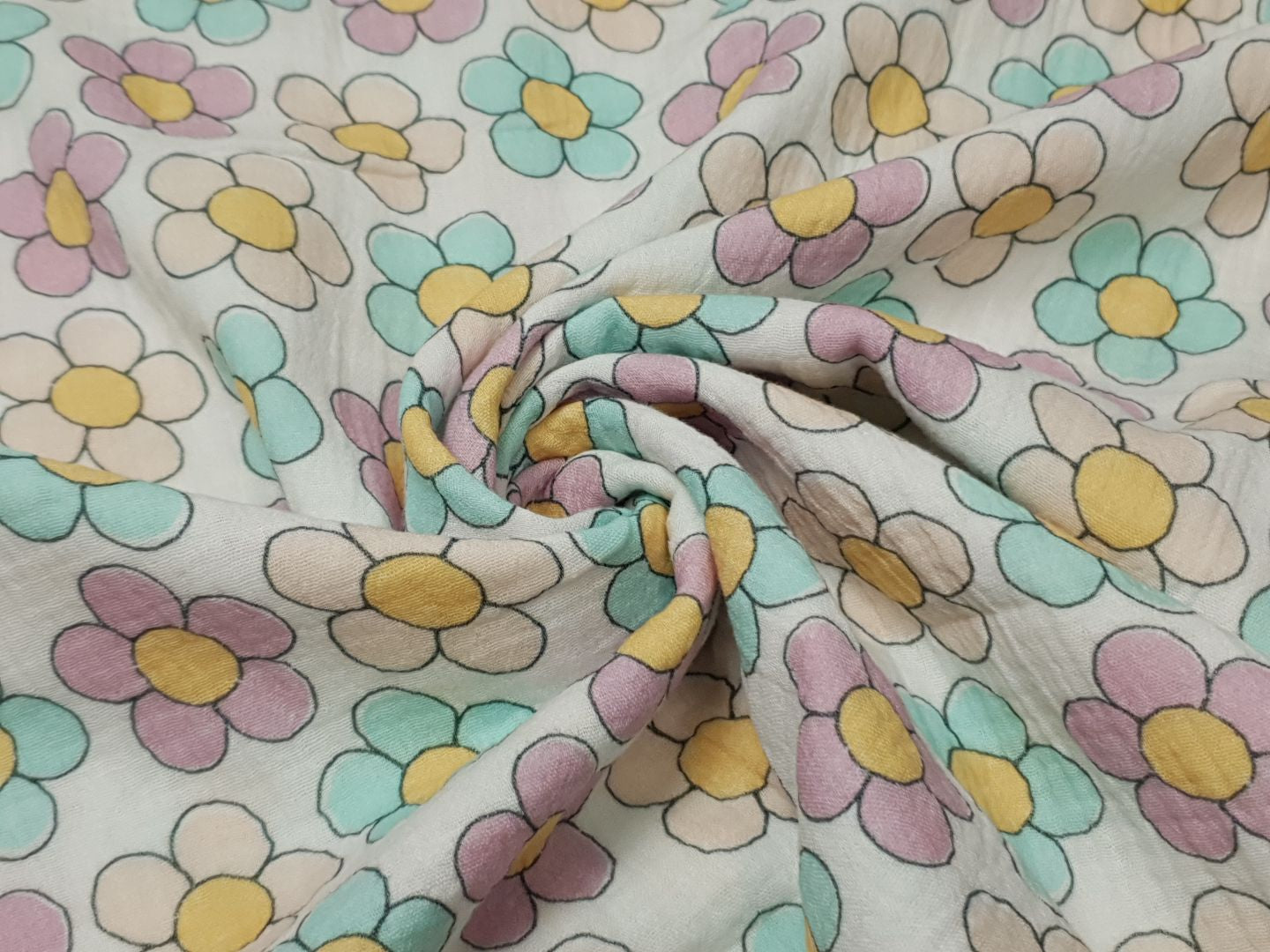 Muslin-Double Gaze Pastell Blümchen offwhite/aqua/rosa