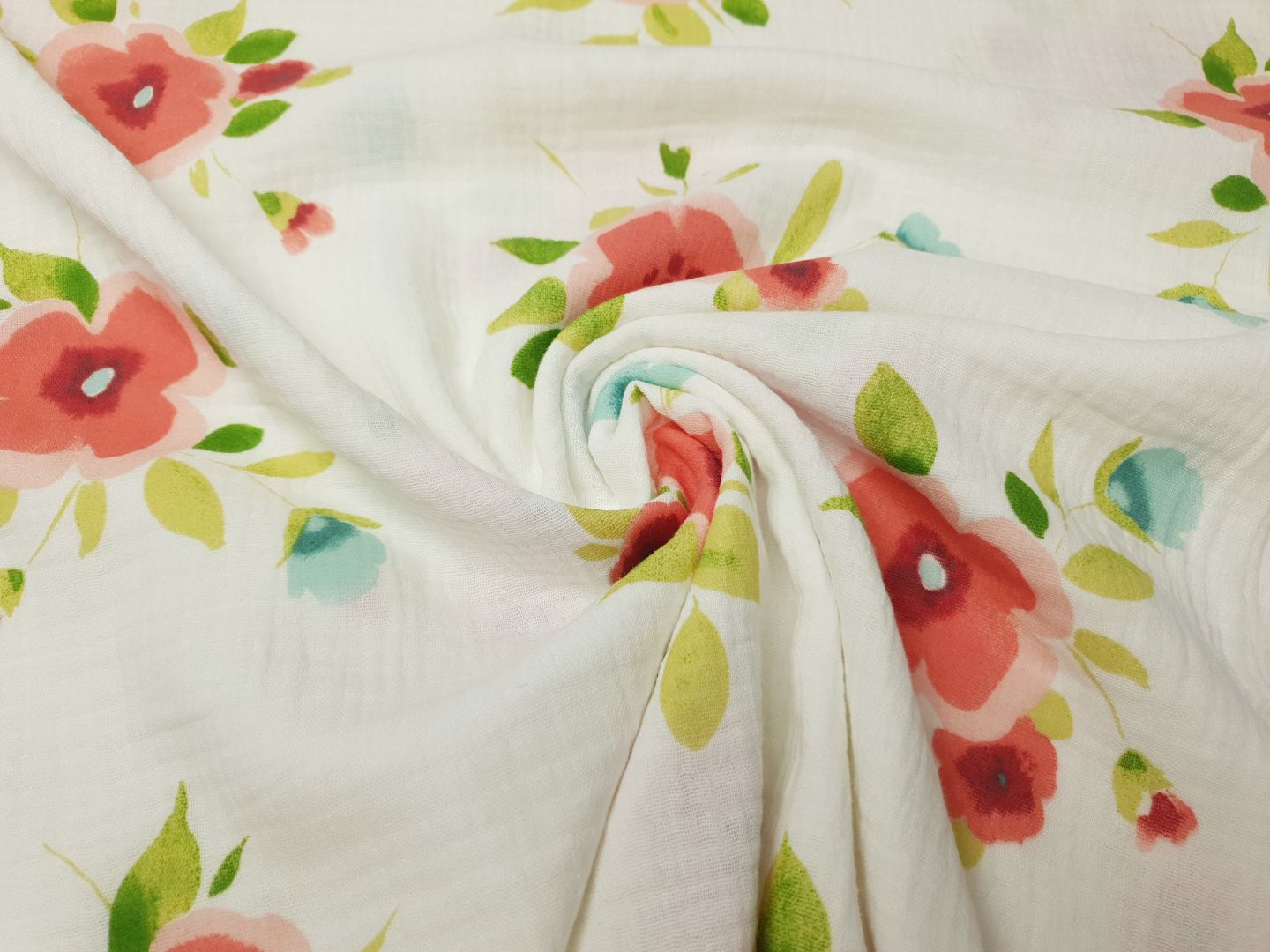 Muslin-Double Gaze Peonia offwhite/grün/rot