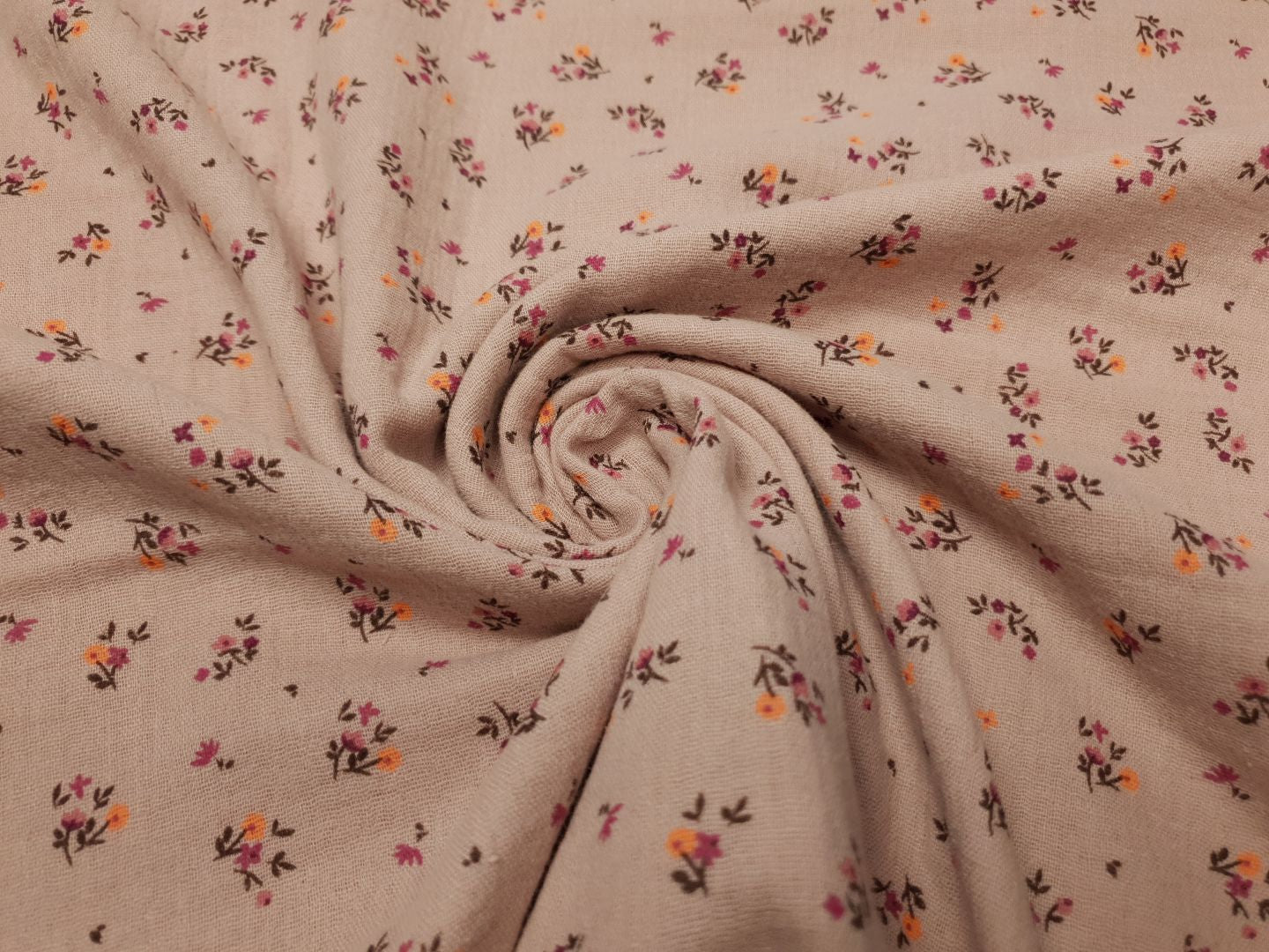Muslin-Double Gaze Petite Fleures altrosa/dunkelbraun/beere/orange