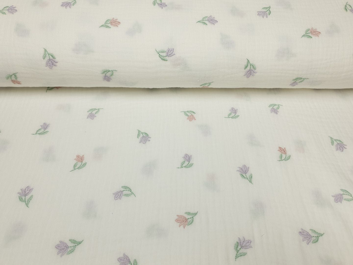Muslin-Double Gaze Roses offwhite/lila/rosa/grün
