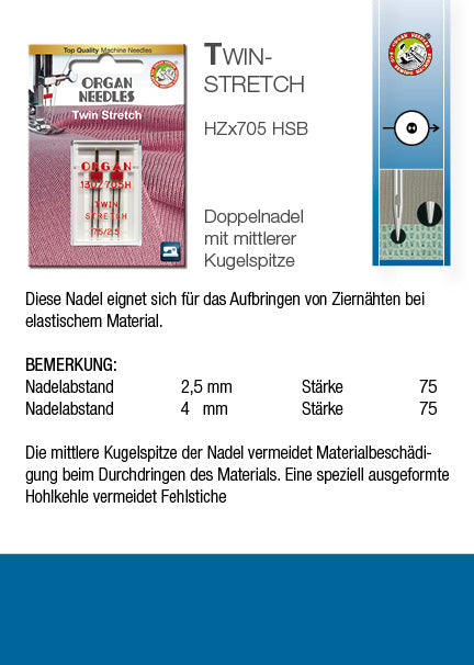 Organ 130-705 H Twin Stretch 075- 4.0 Nähmaschinennadel Zwillingsnadel