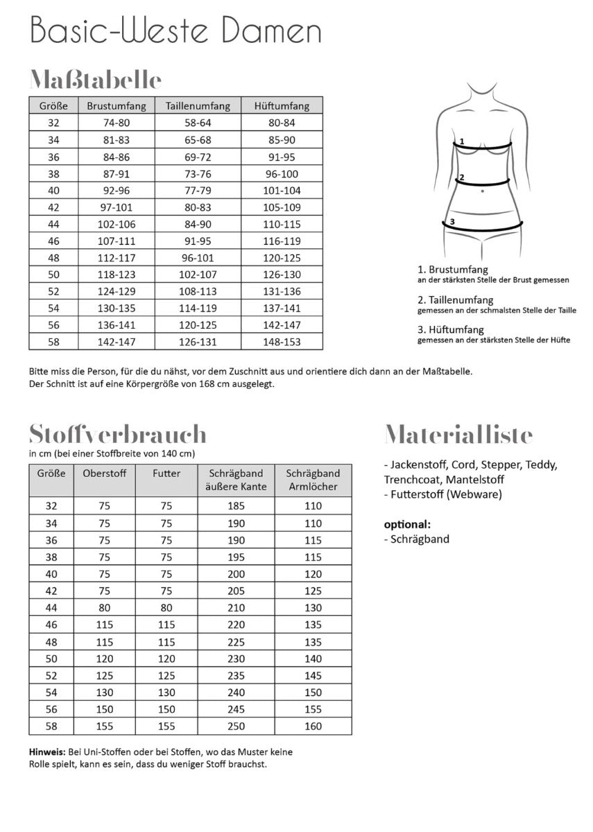Papierschnittmuster Basic Weste Damen von Fadenkäfer