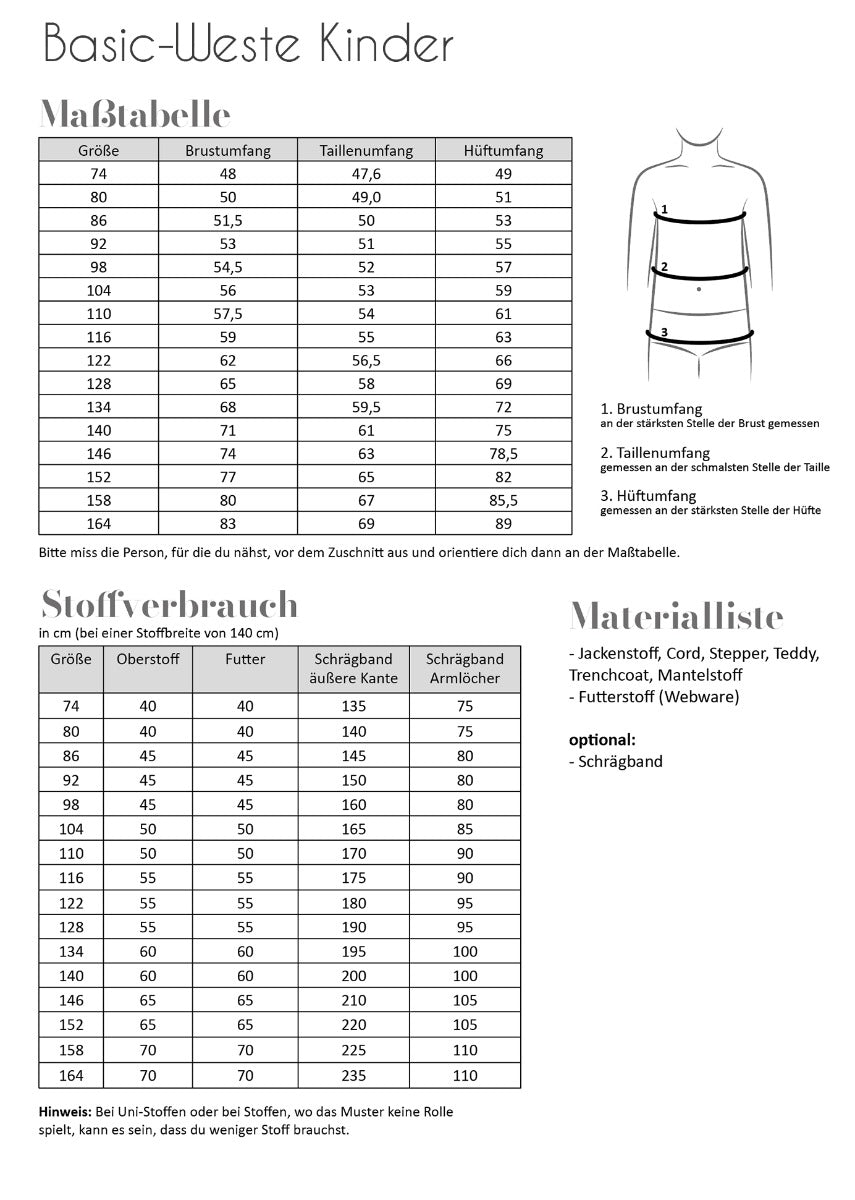 Papierschnittmuster Basic Weste Kinder von Fadenkäfer